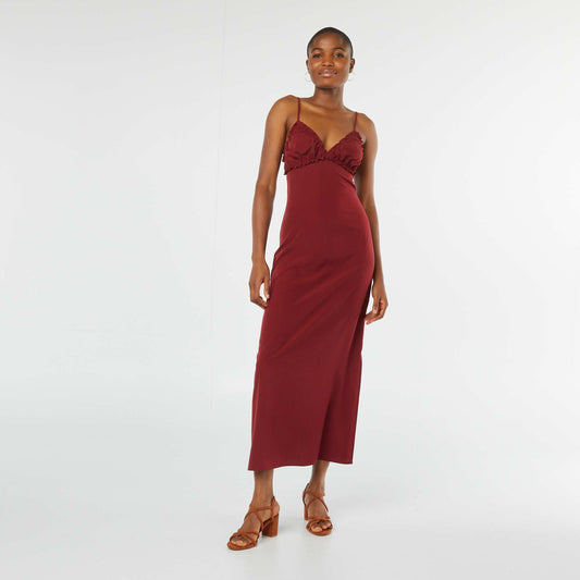 Robe fluide midi avec haut effet nuisette ROUGE BORDEAUX