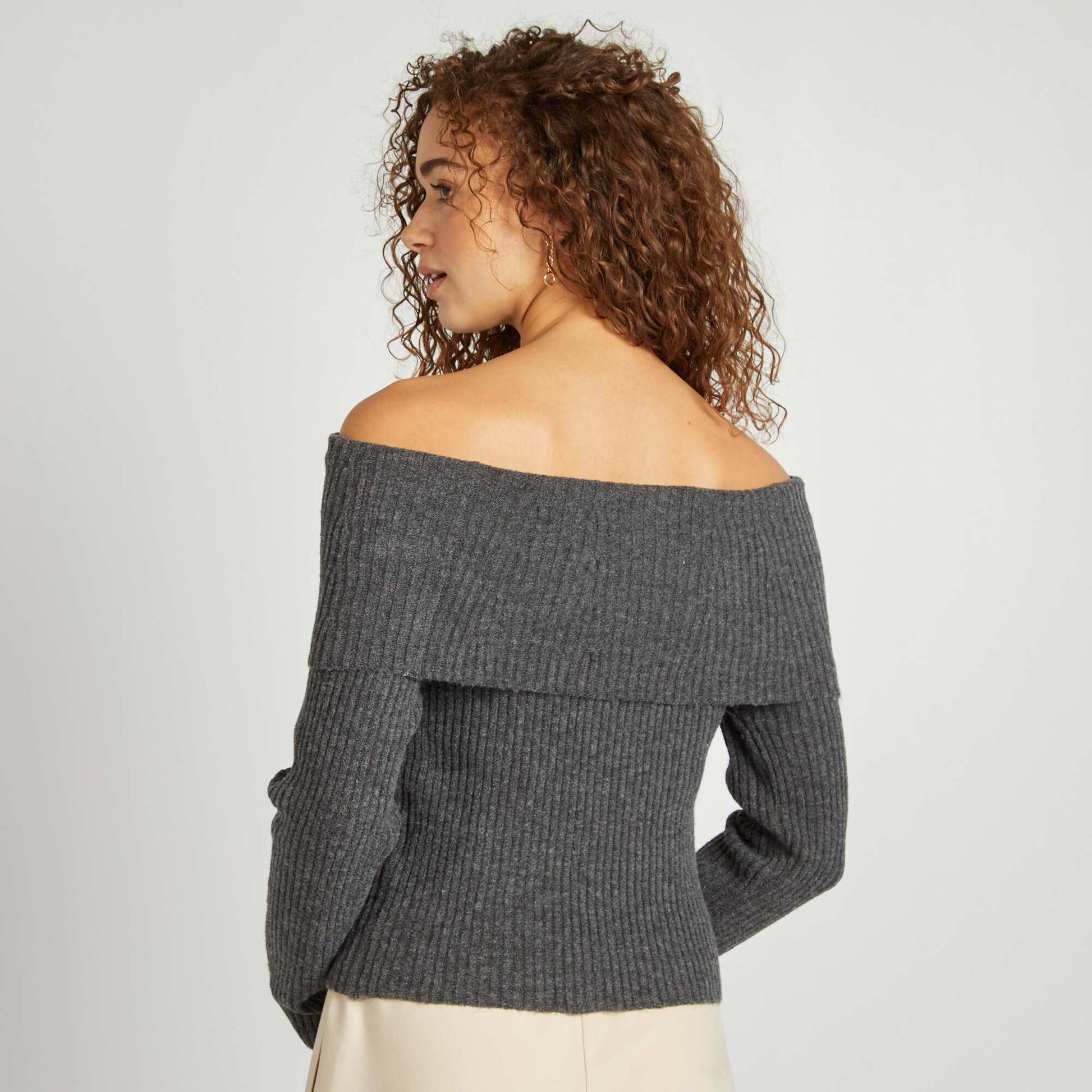 Pull côtelé col bardot GRIS