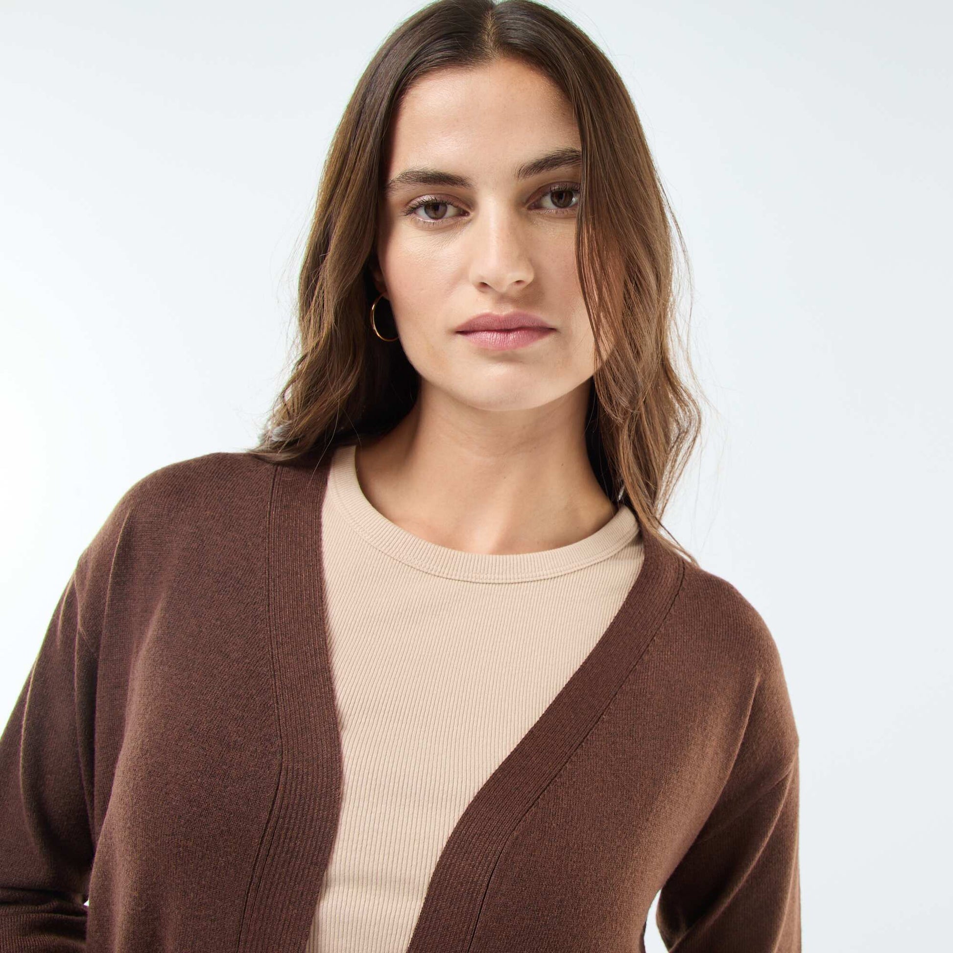 Gilet long en maille fine MARRON