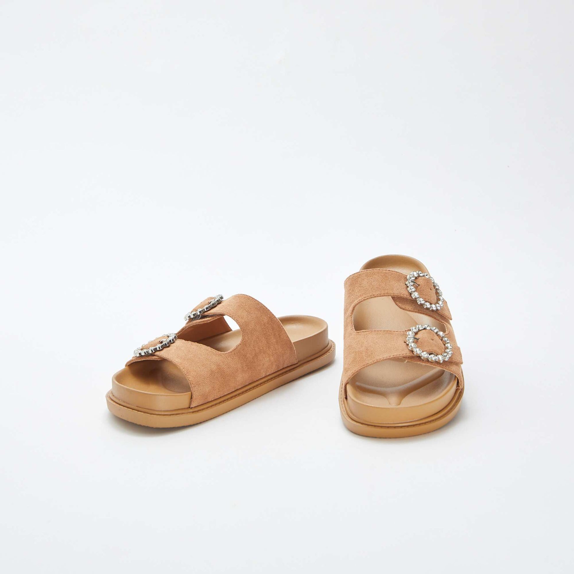 Mules double bride à strass MARRON