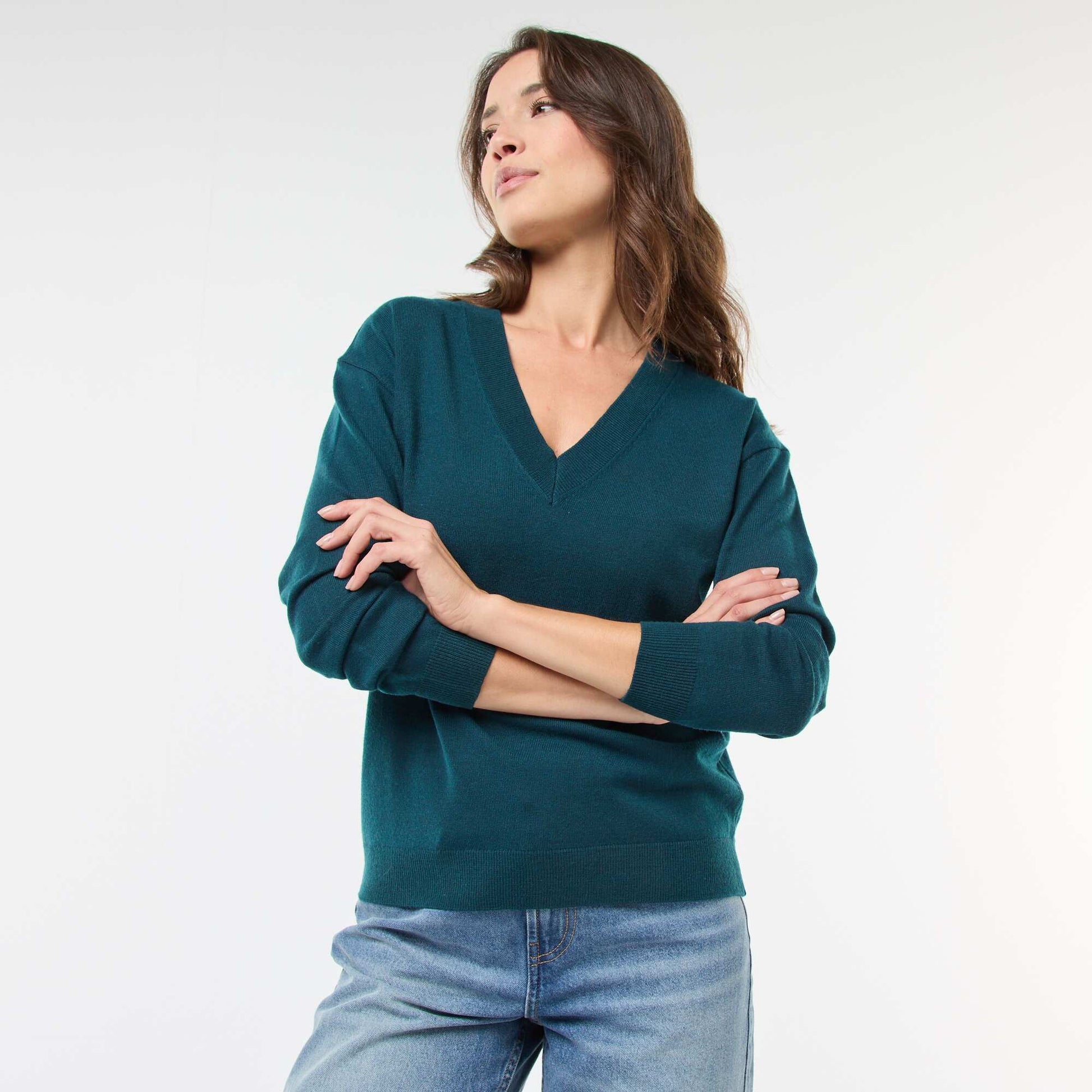 Pull en maille fine col V BLEU
