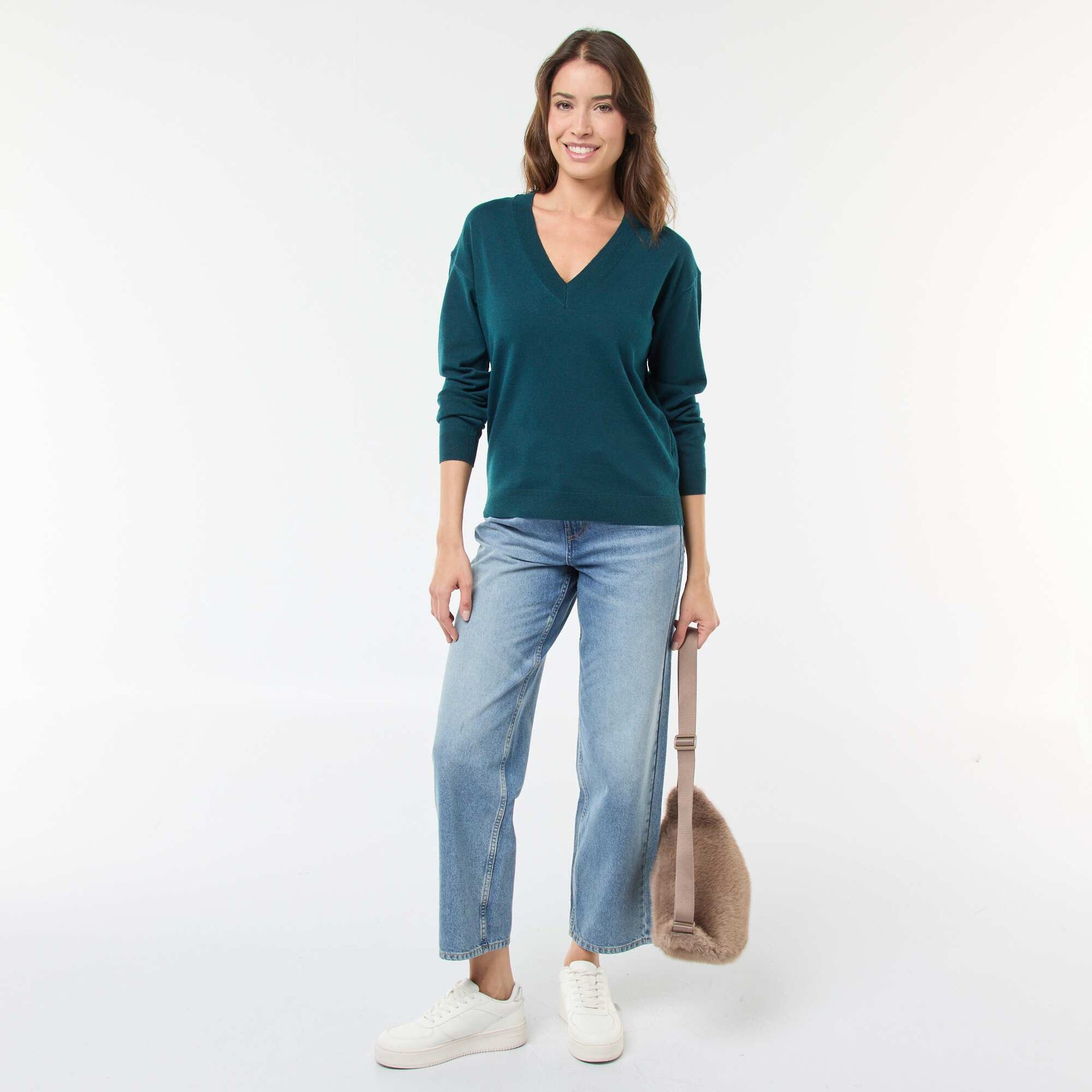 Pull en maille fine col V BLEU