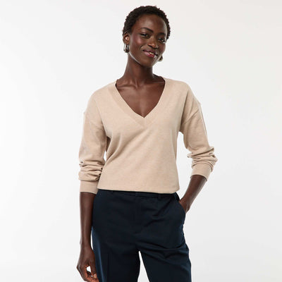Pull en maille fine col V BEIGE