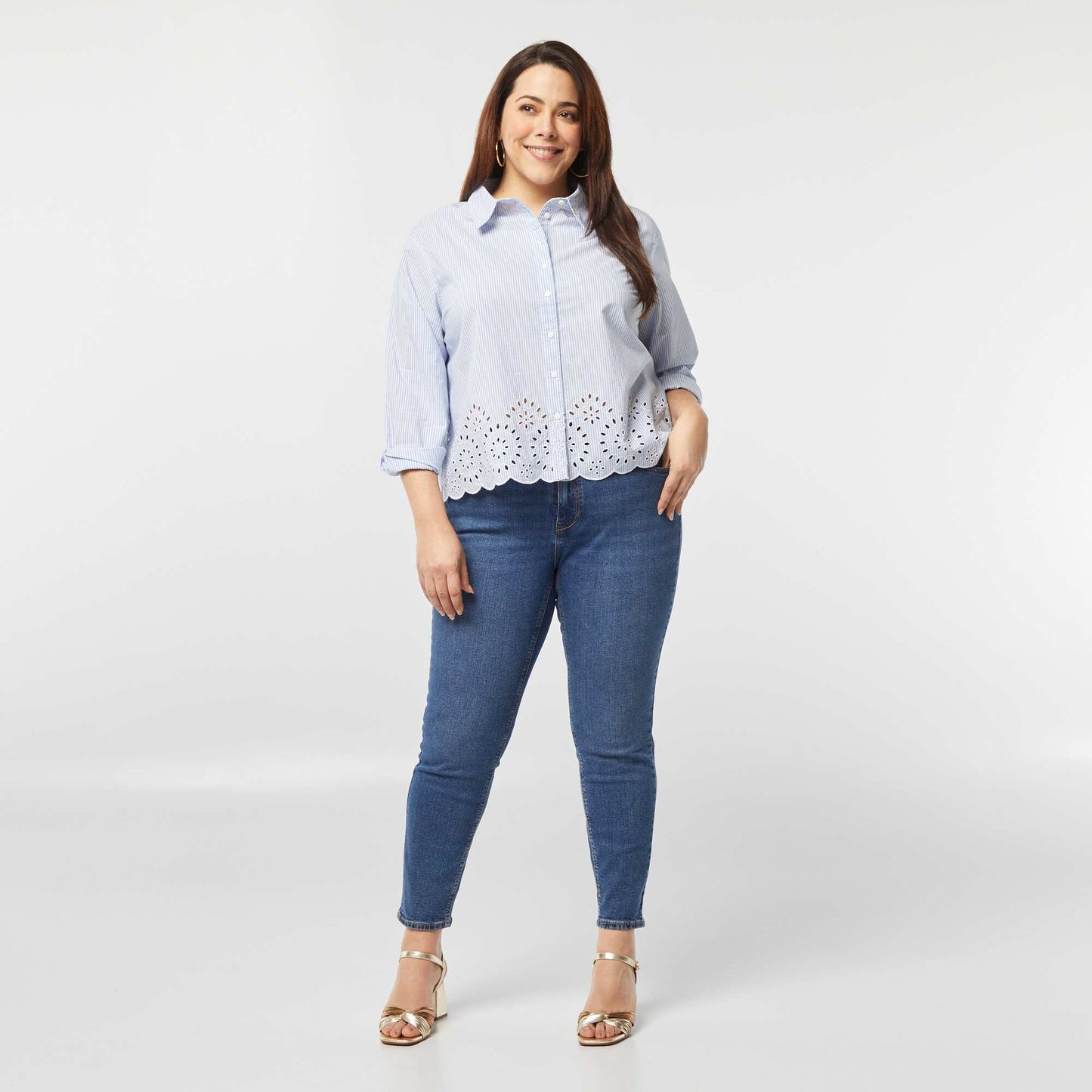 Chemise rayée avec broderies ajourées BLEU RAYé