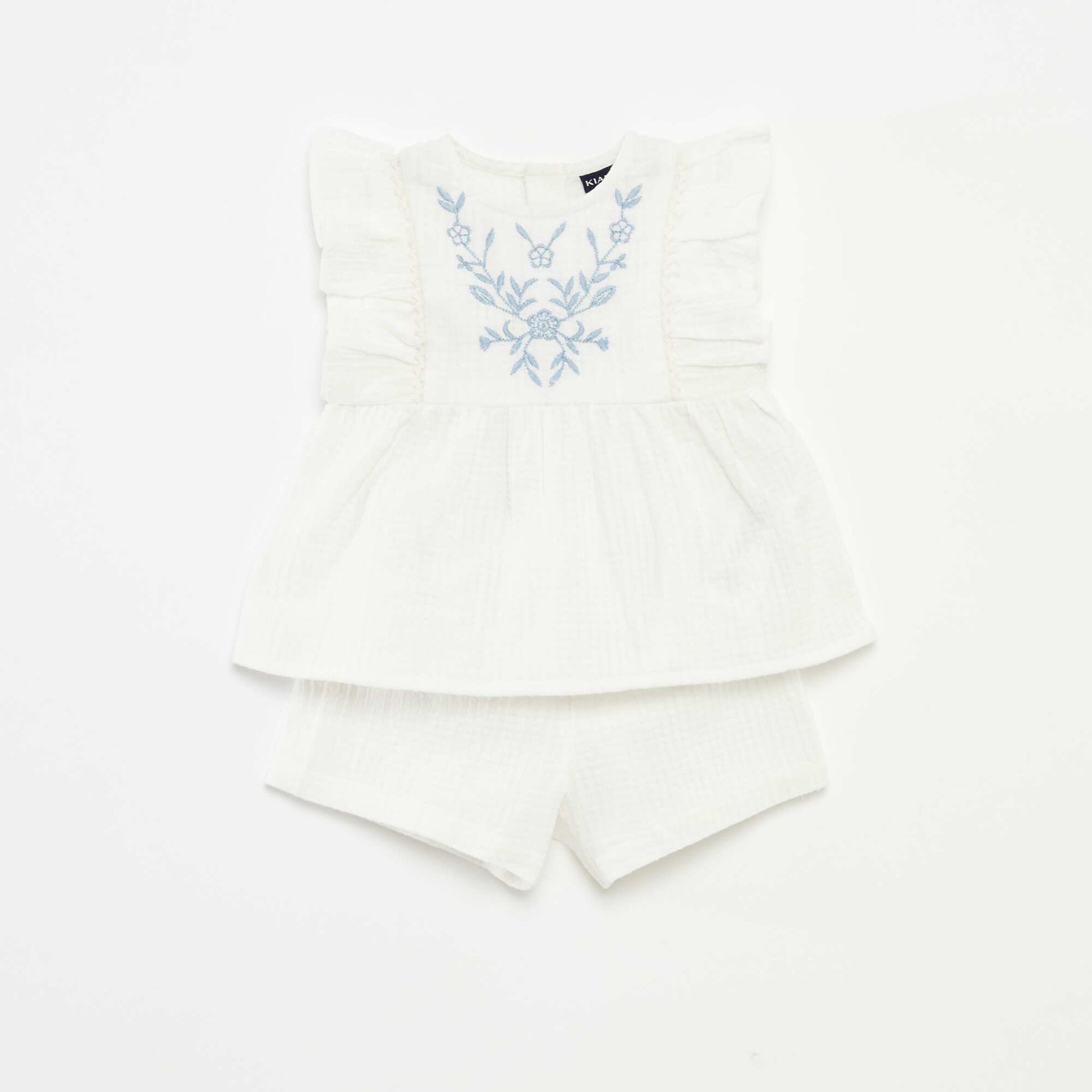 Ensemble blouse brodée + short - 2 pièces BLANC