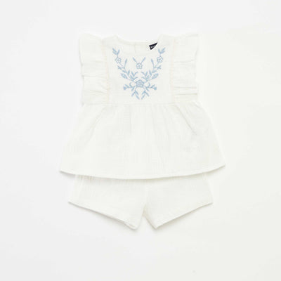 Ensemble blouse brodée + short - 2 pièces BLANC