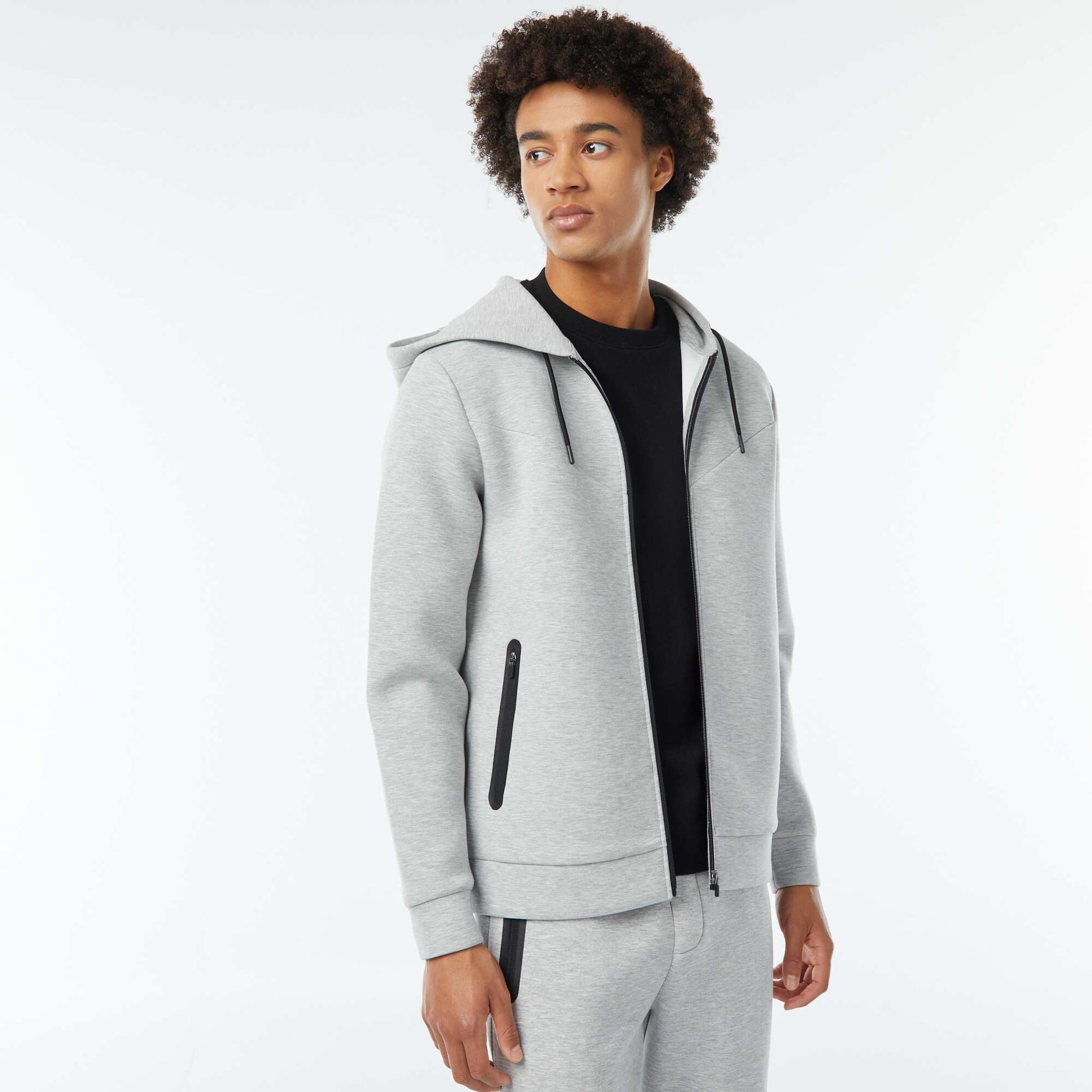 Sweat uni à capuche en matière type néoprène GRIS CLAIR