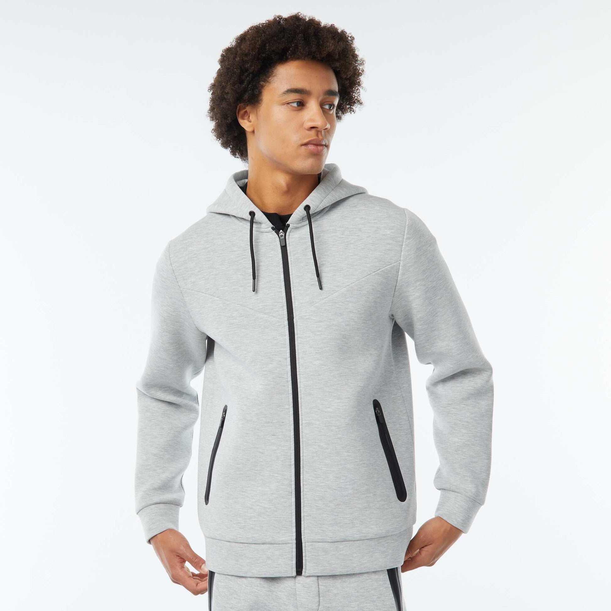 Sweat uni à capuche en matière type néoprène GRIS CLAIR
