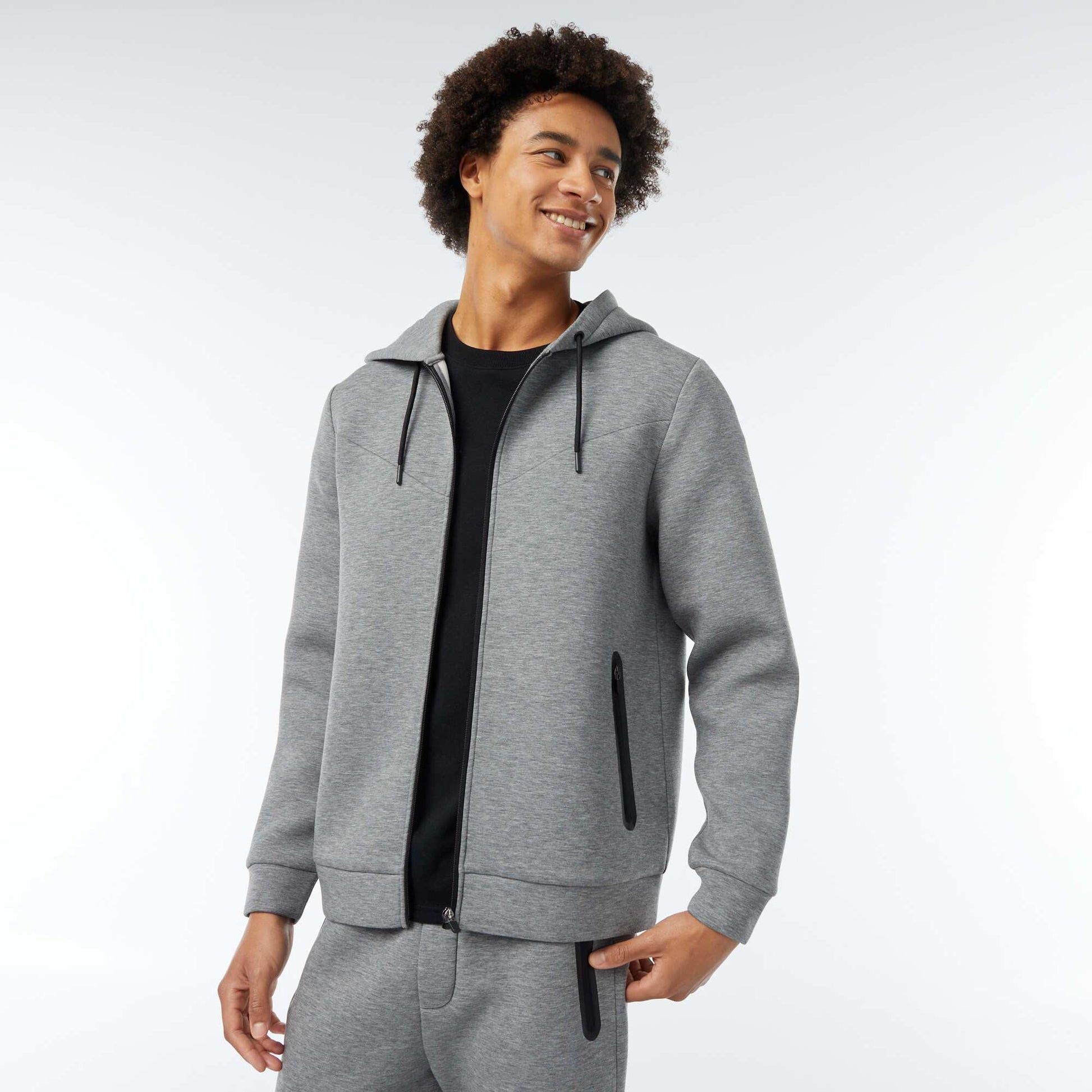 Sweat uni à capuche en matière type néoprène GRIS