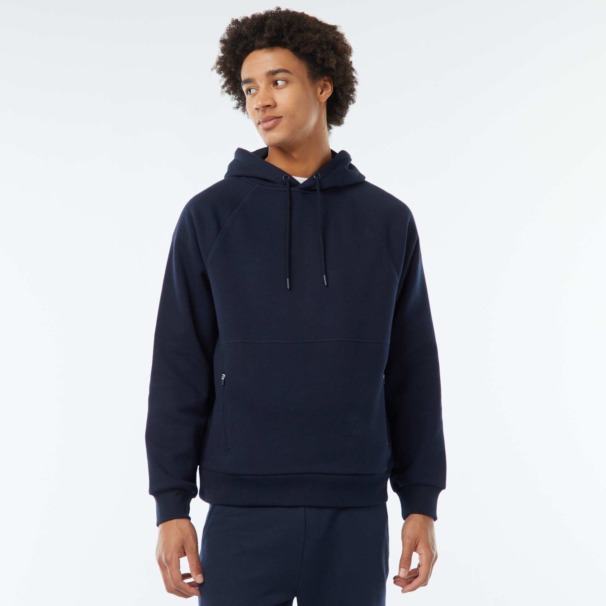 Sweat uni à capuche avec poches zippées BLEU MARINE