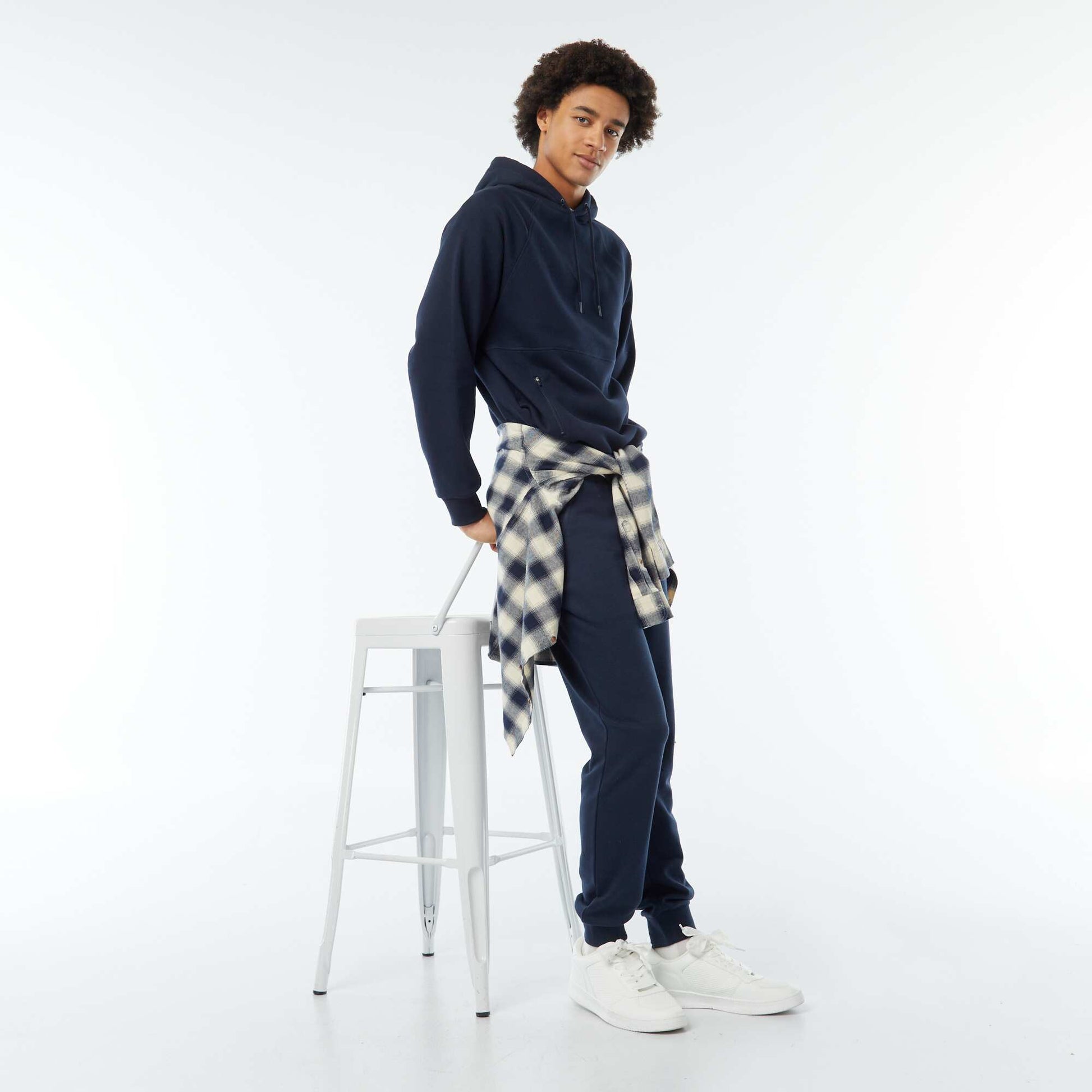 Sweat uni à capuche avec poches zippées BLEU MARINE