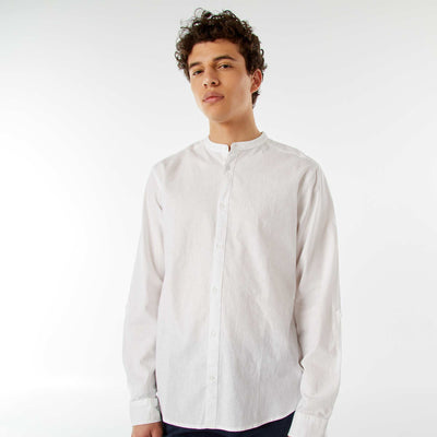 Chemise unie avec col mao et manches retroussables BLANC