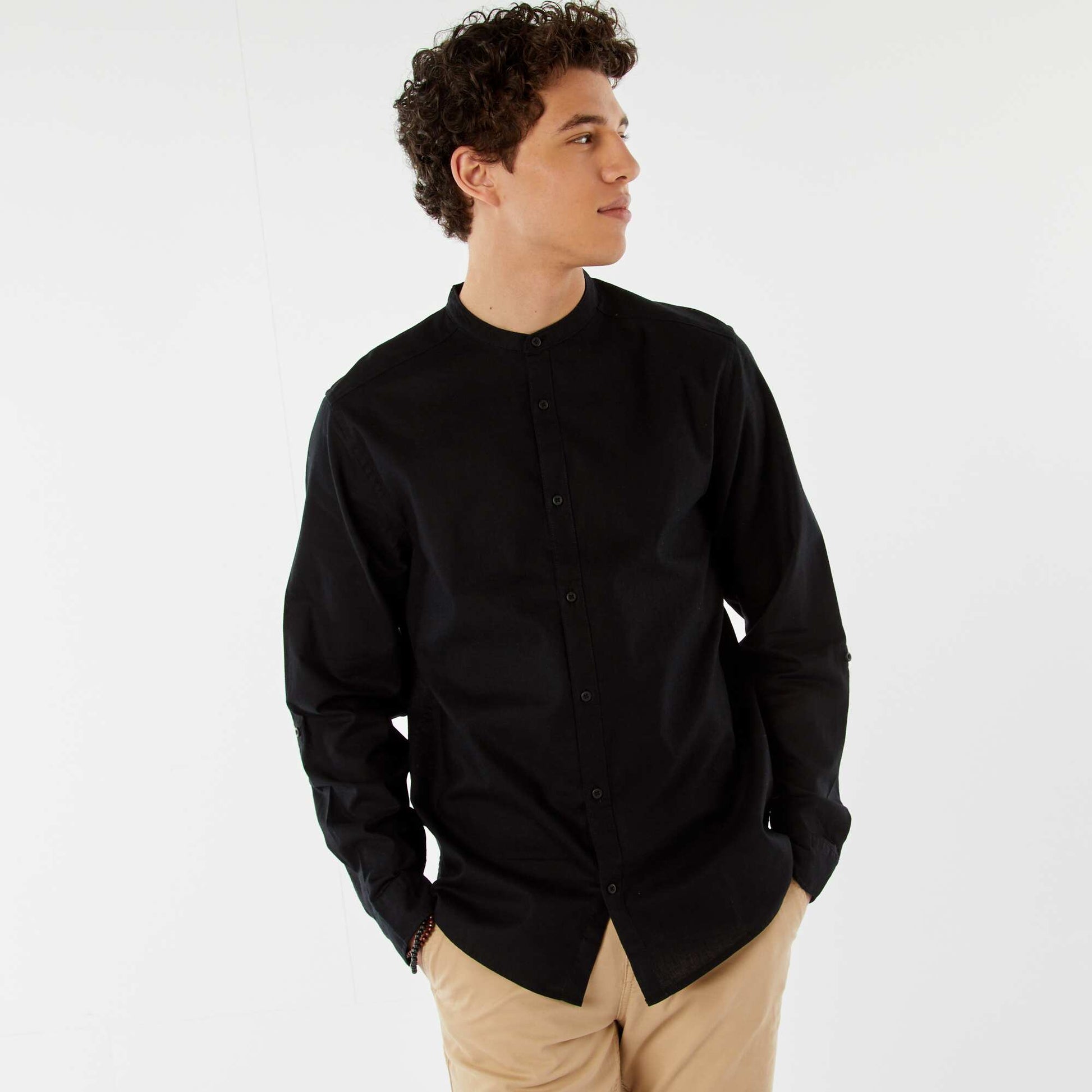 Chemise unie avec col mao et manches retroussables NOIR