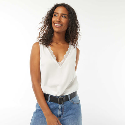 Blouse sans manches avec encolure en dentelle BLANC