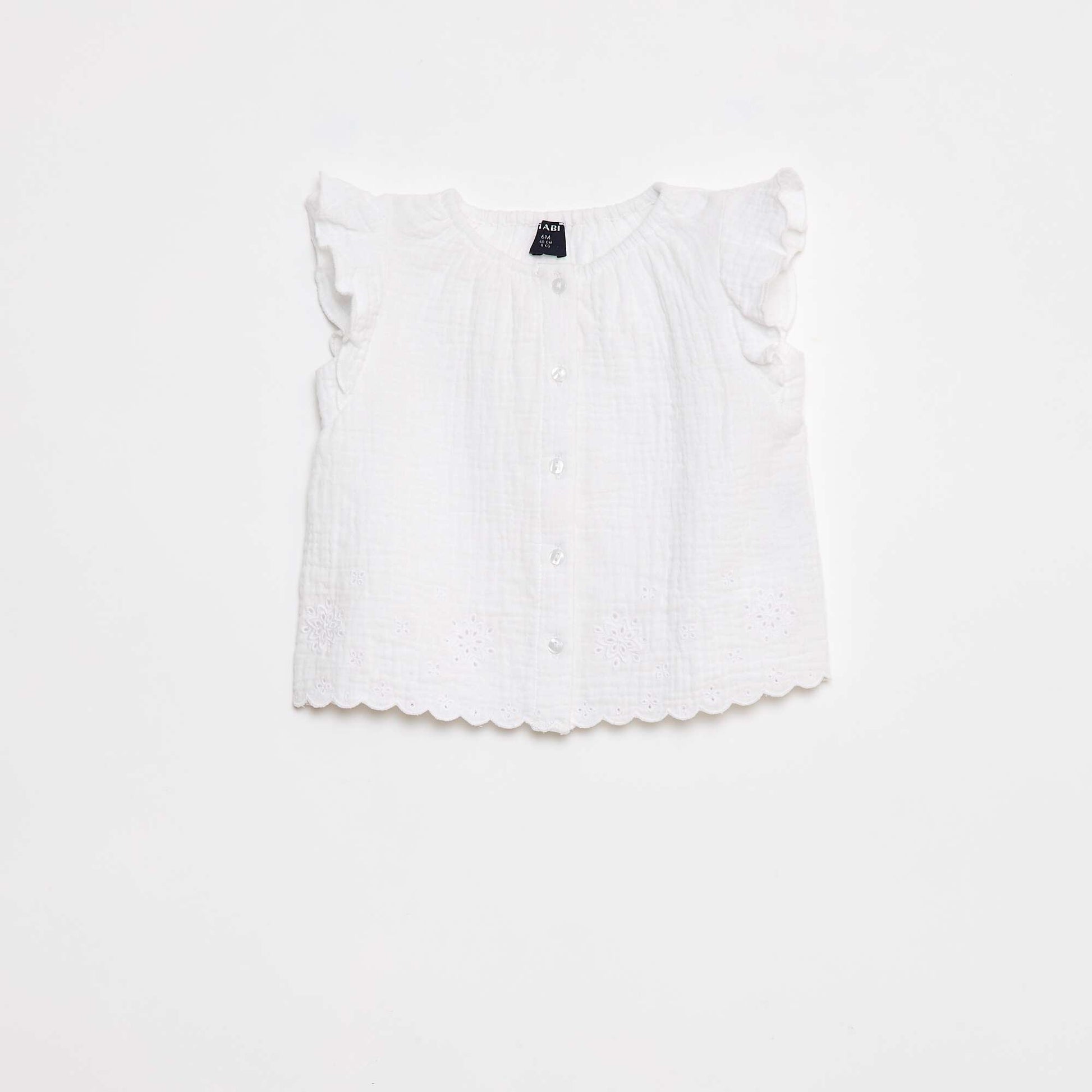 Blouse en gaze de coton avec manches courtes volantées BLANC