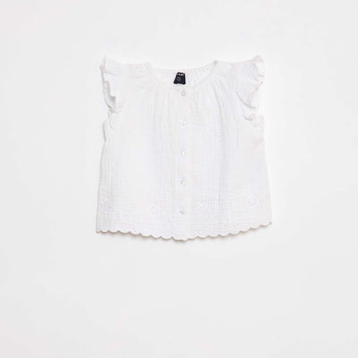 Blouse en gaze de coton avec manches courtes volantées BLANC