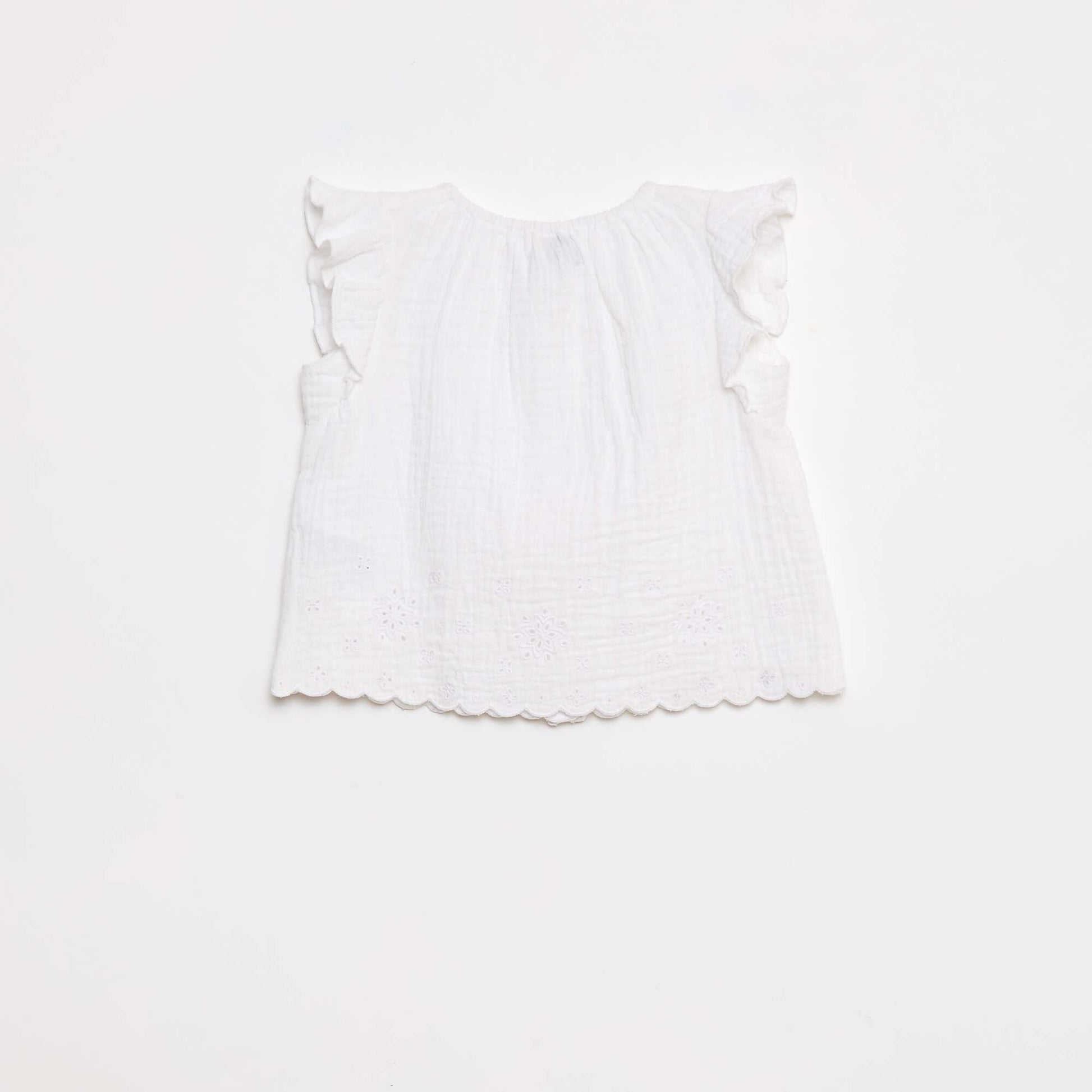 Blouse en gaze de coton avec manches courtes volantées BLANC