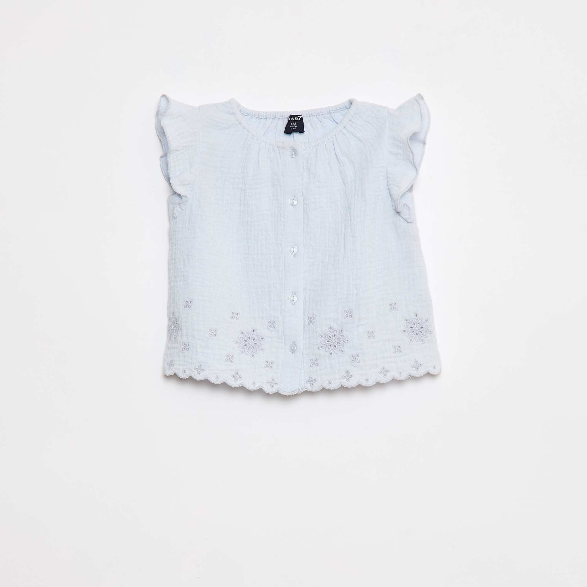 Blouse en gaze de coton avec manches courtes volantées BLEU