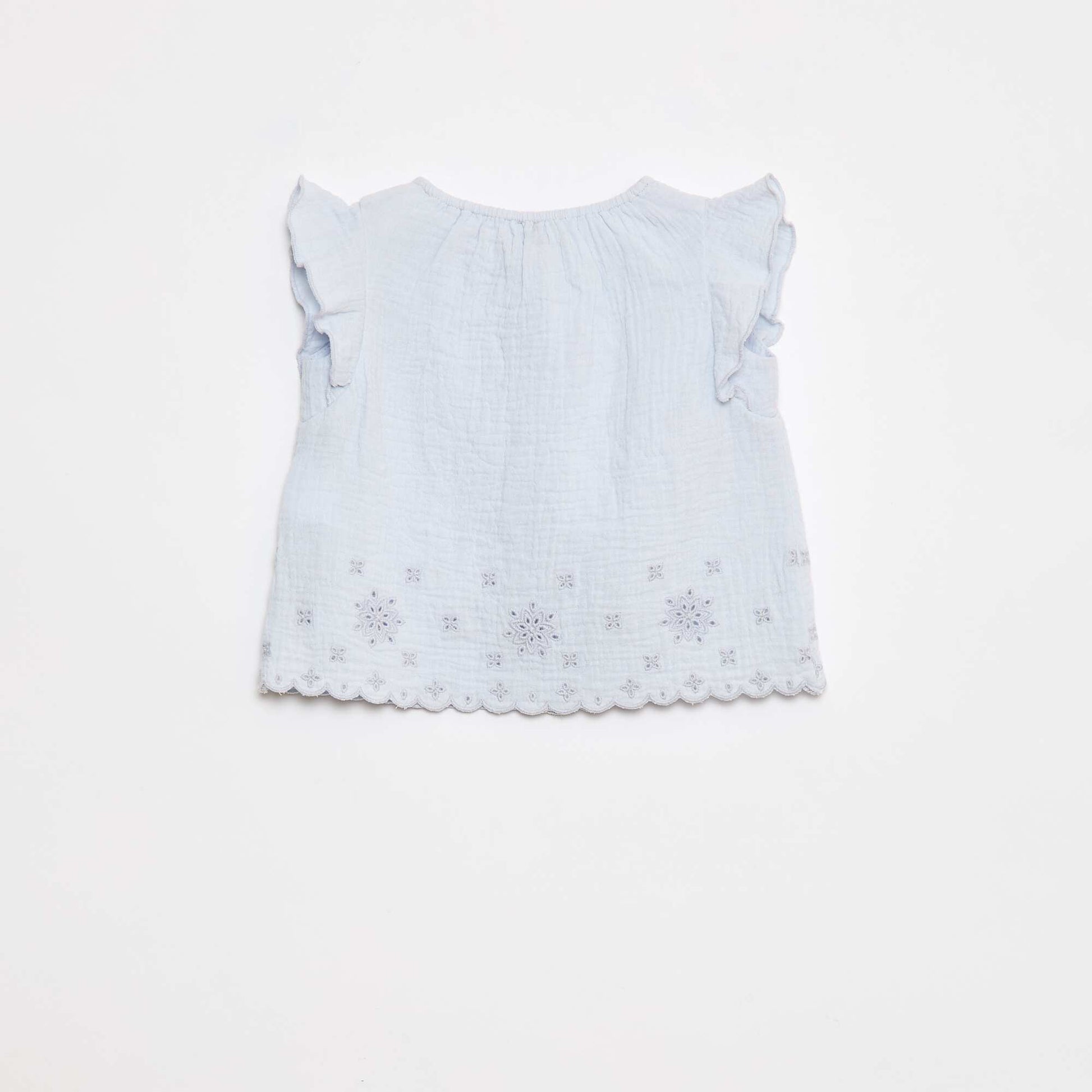 Blouse en gaze de coton avec manches courtes volantées BLEU