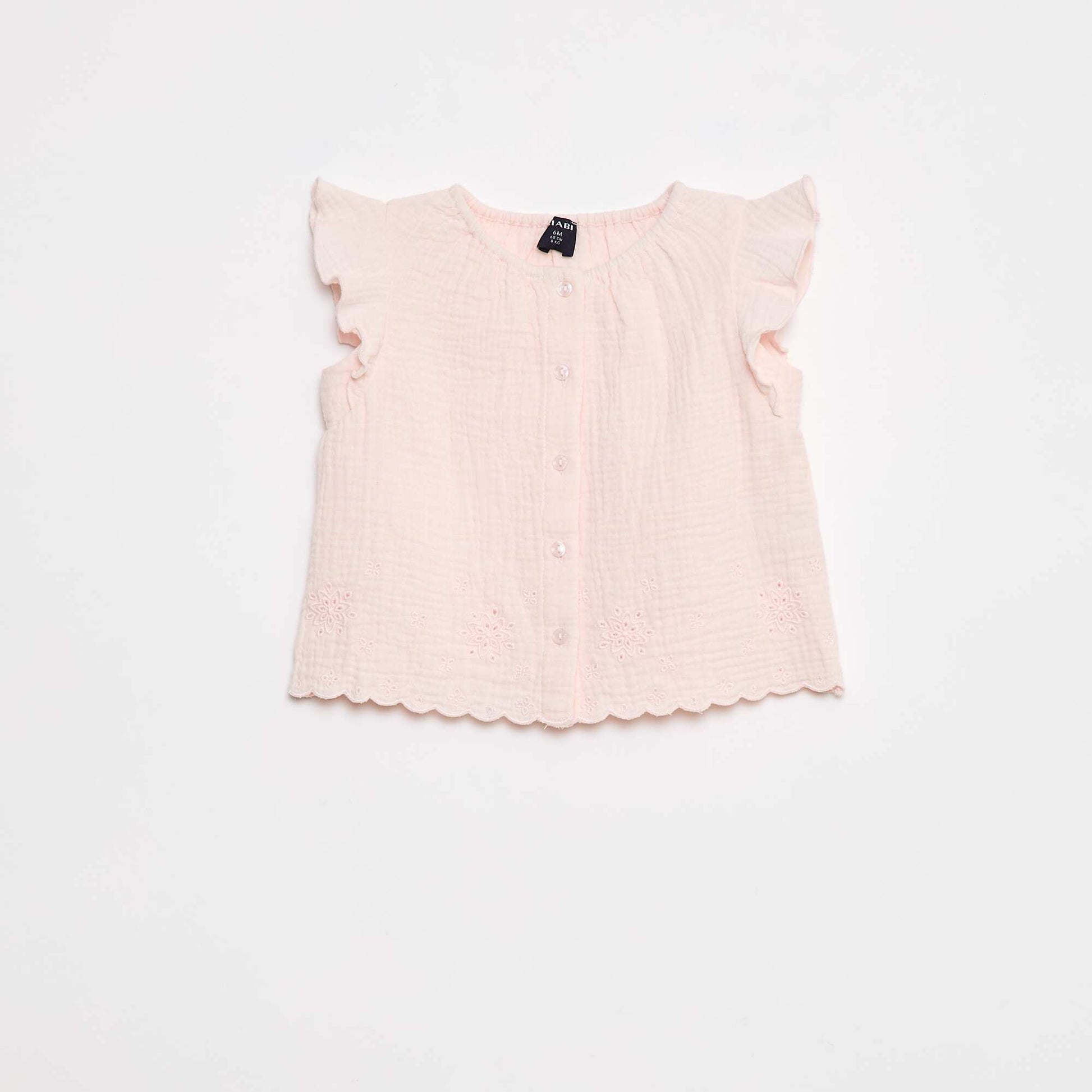 Blouse en gaze de coton avec manches courtes volantées ROSE