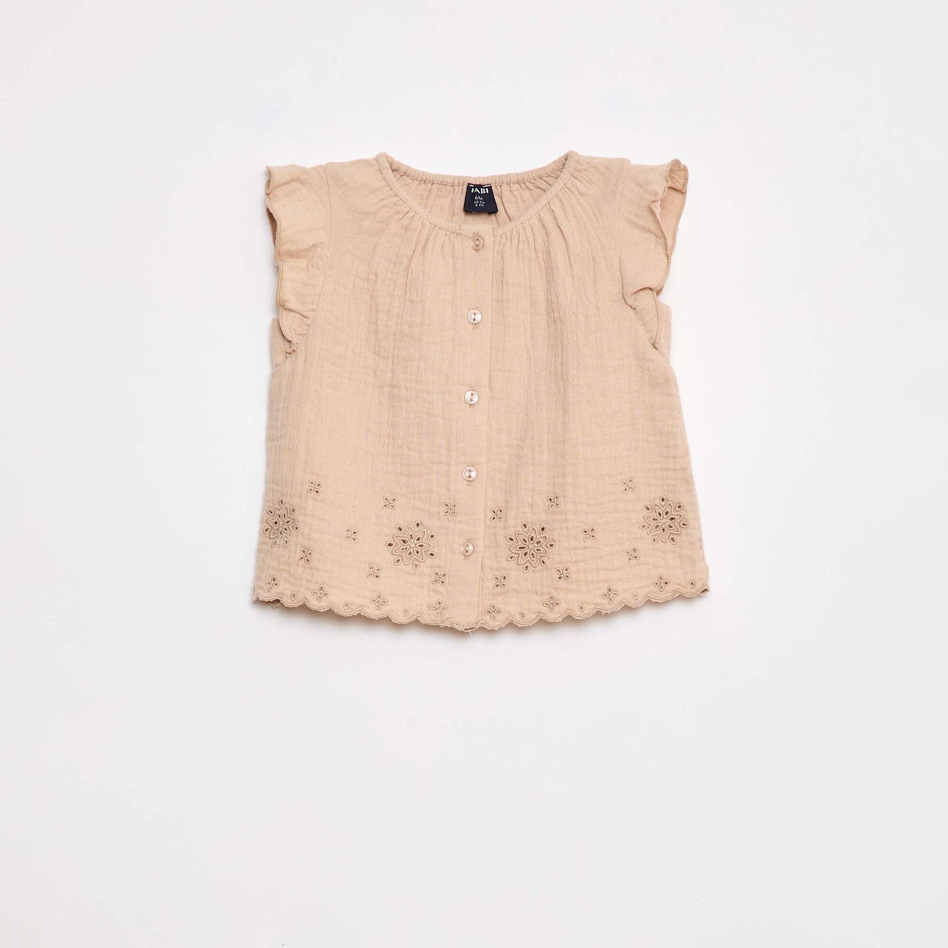 Blouse en gaze de coton avec manches courtes volantées BEIGE