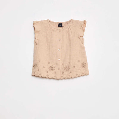 Blouse en gaze de coton avec manches courtes volantées BEIGE