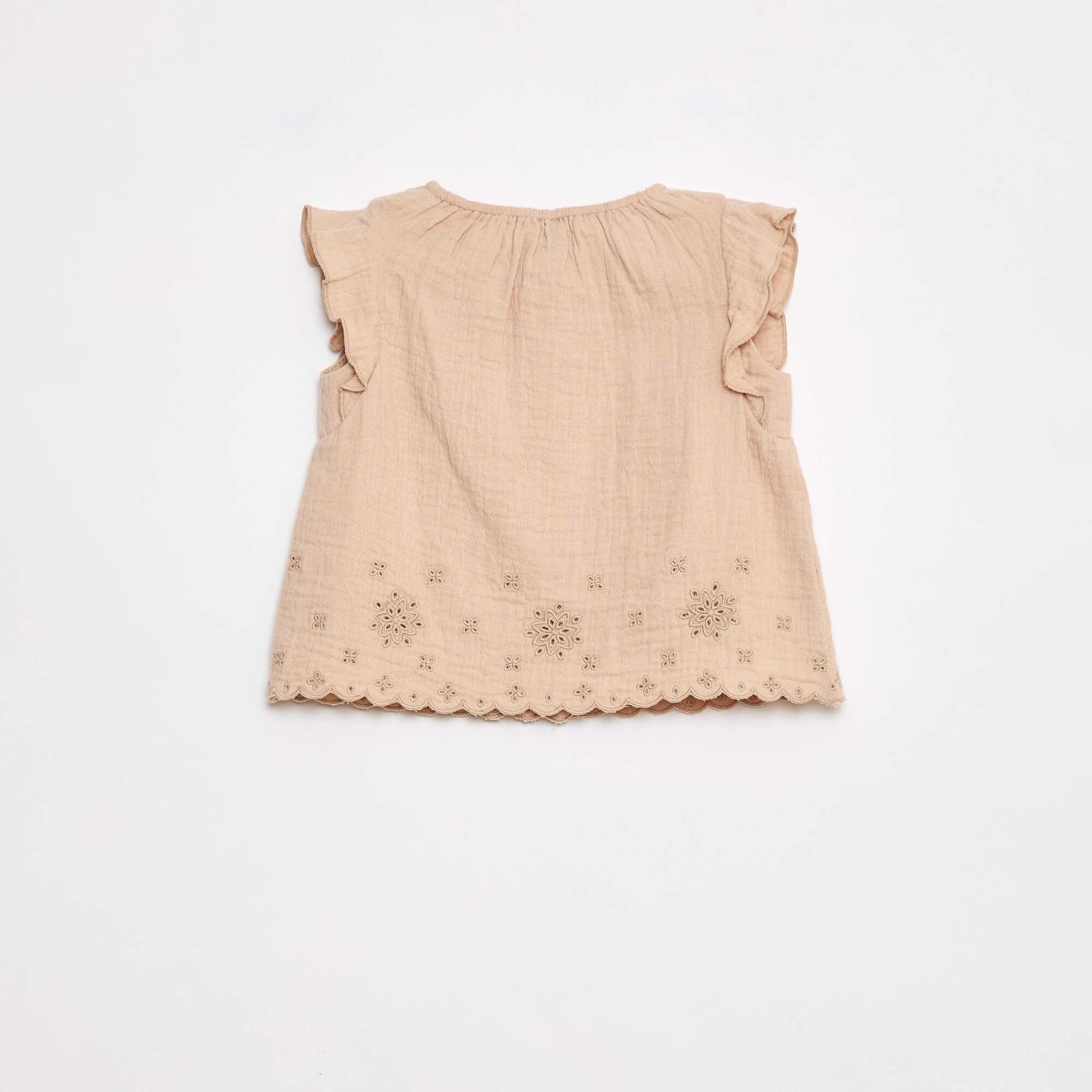Blouse en gaze de coton avec manches courtes volantées BEIGE