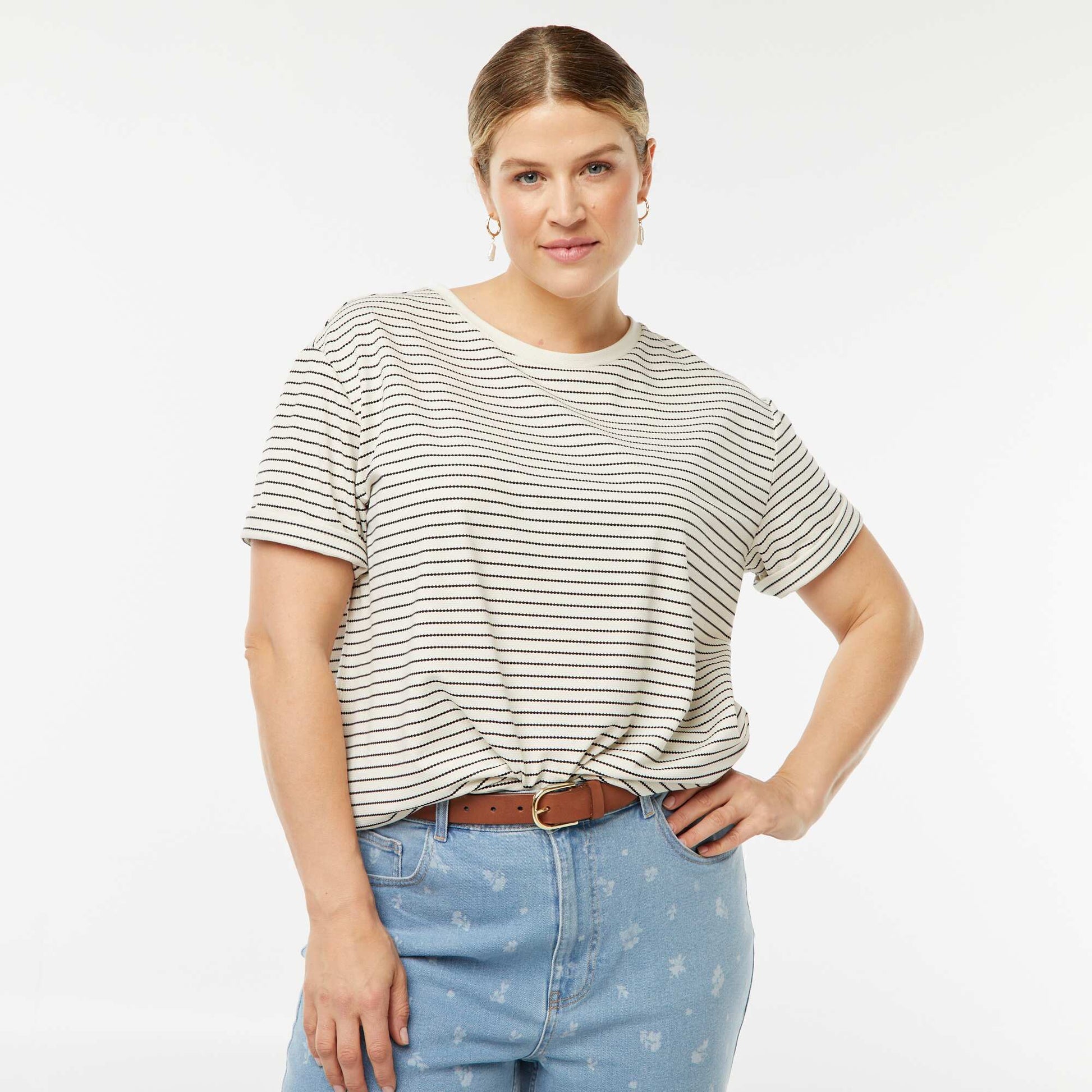 T-shirt rayé à manches courtes BEIGE