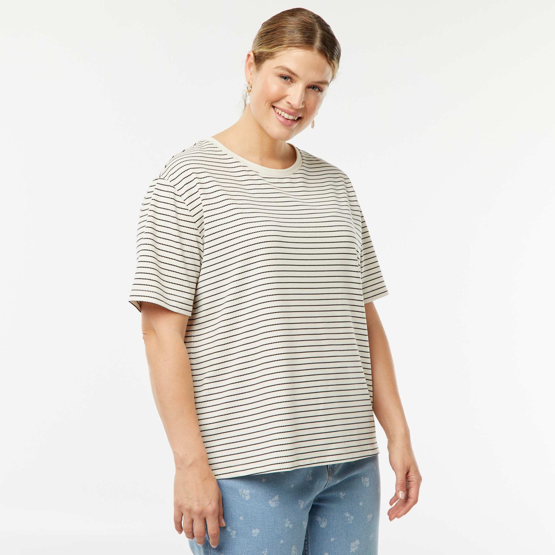 T-shirt rayé à manches courtes BEIGE