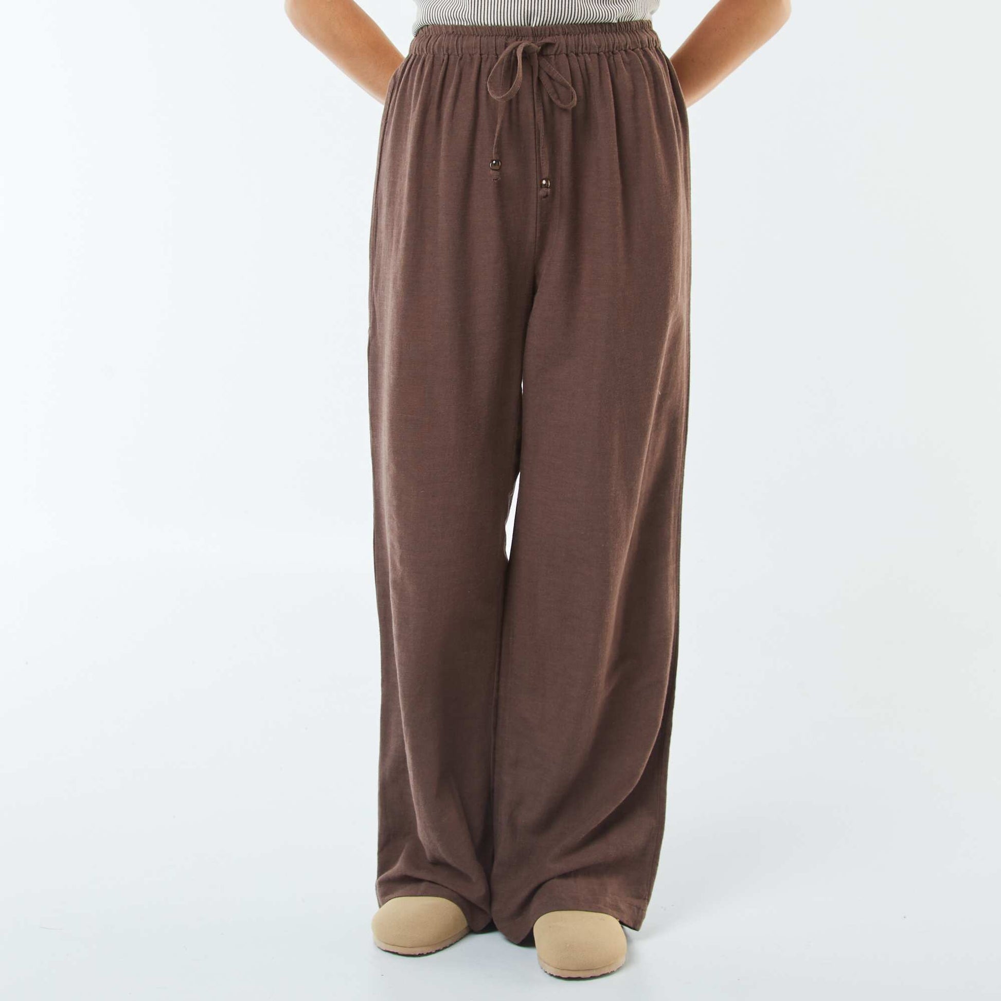 Pantalon wide leg en lin mélangé MARRON