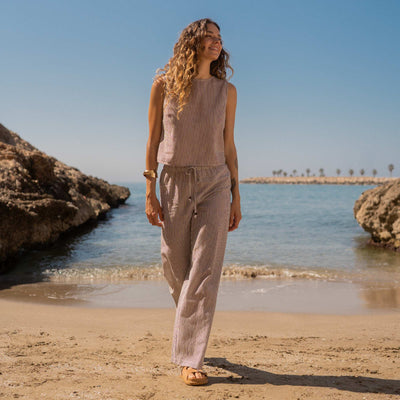 Pantalon wide leg en lin mélangé BEIGE