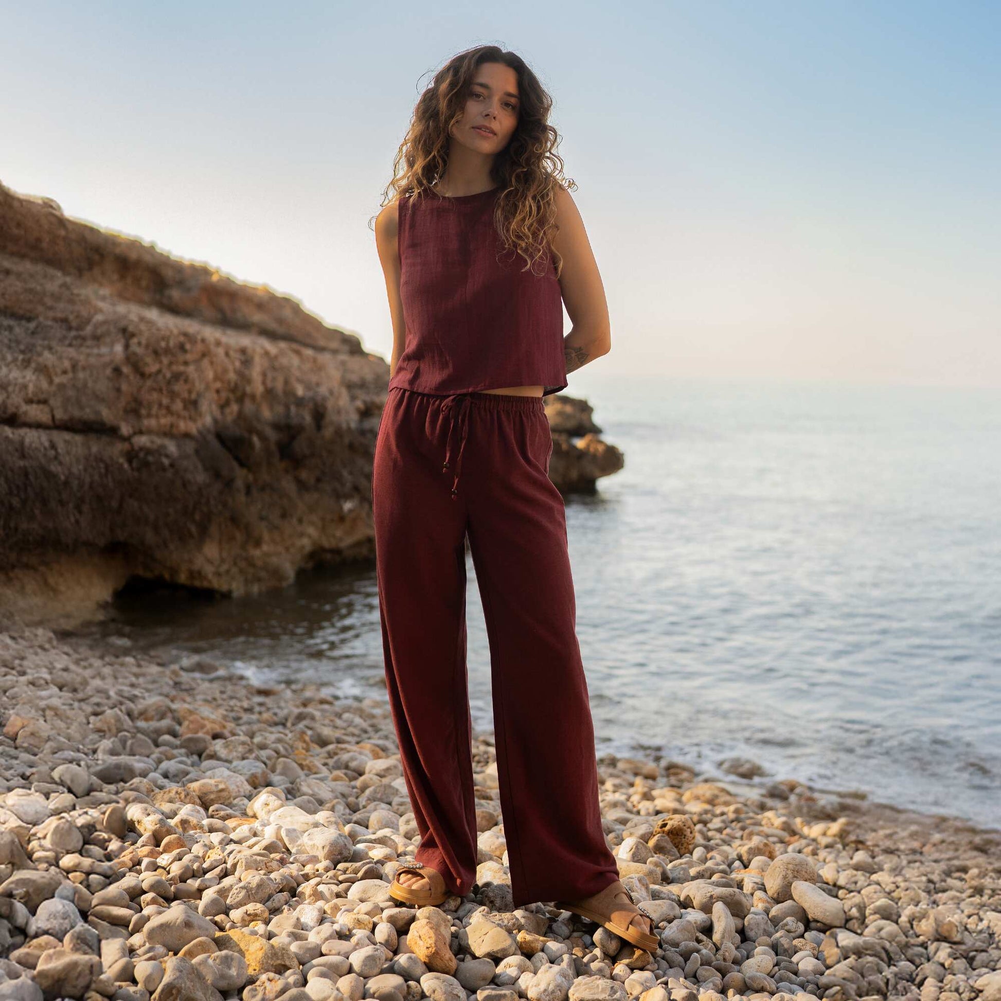 Pantalon wide leg en lin mélangé ROUGE