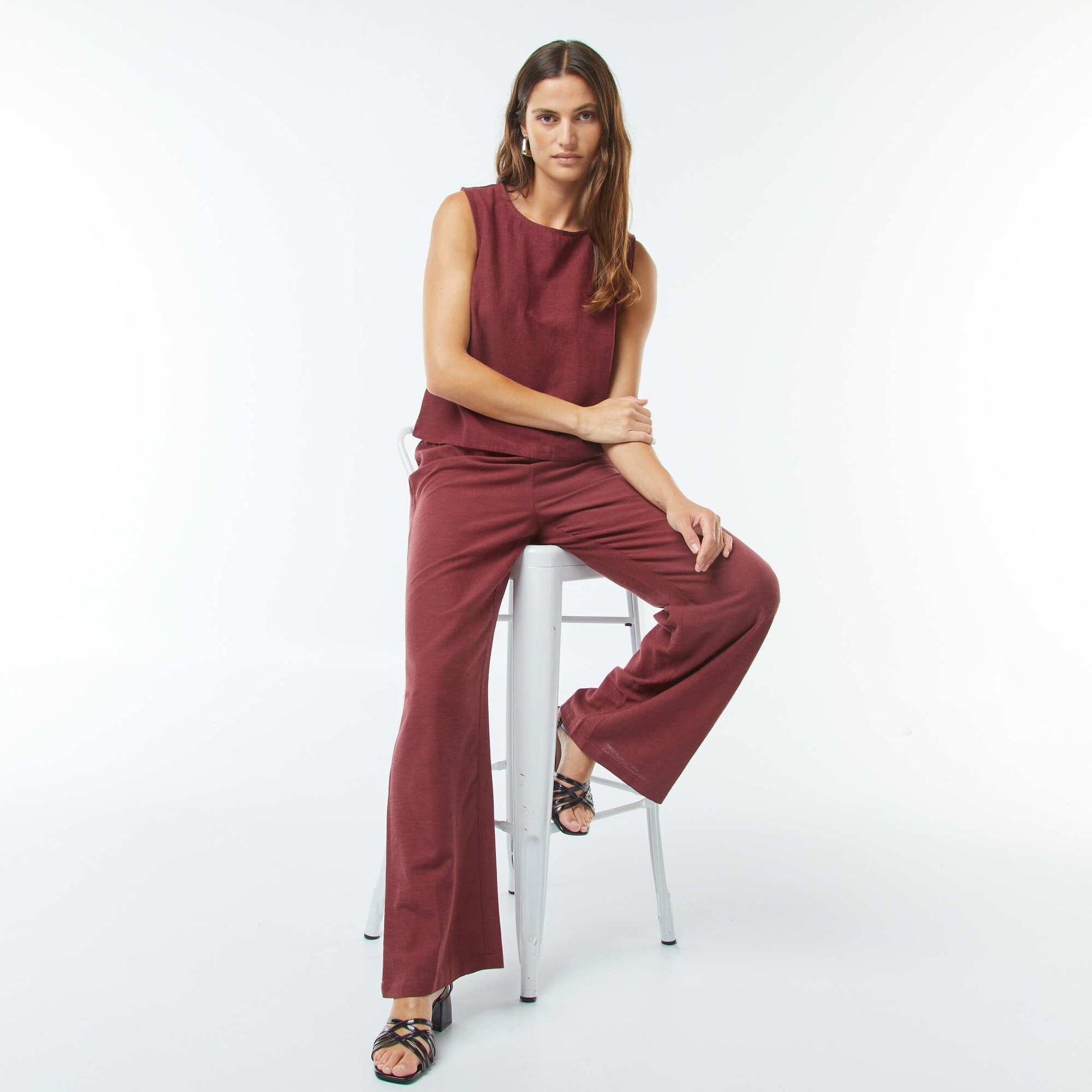 Pantalon wide leg en lin mélangé ROUGE