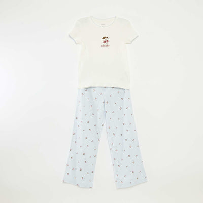 Pyjama 2 pièces en coton t-shirt côtelé + pantalon en popeline - 2 pièces BLANC