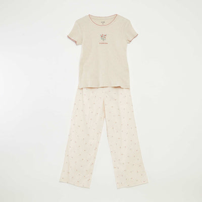 Pyjama 2 pièces en coton t-shirt côtelé + pantalon en popeline - 2 pièces BLANC