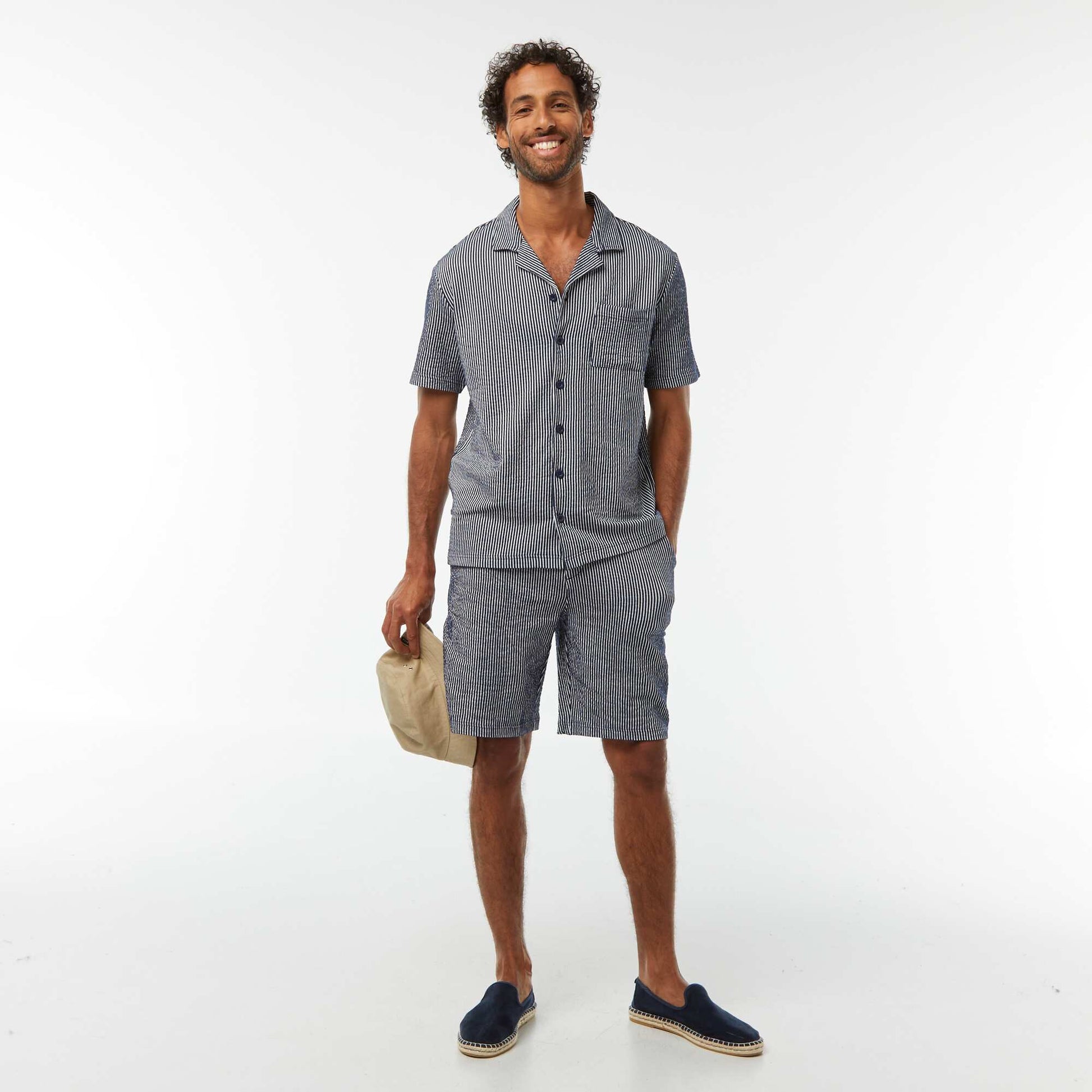 Bermuda matière type crépon à rayures BLEU