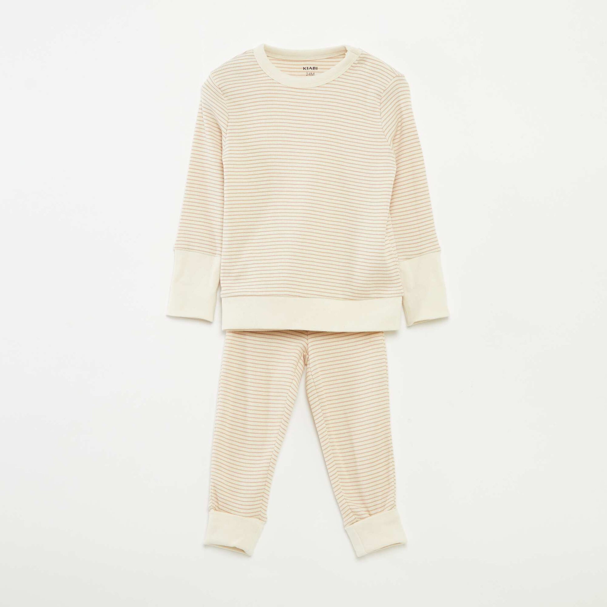 Ensemble de pyjama long t-shirt + pantalon à rayures - 2 pièces BEIGE