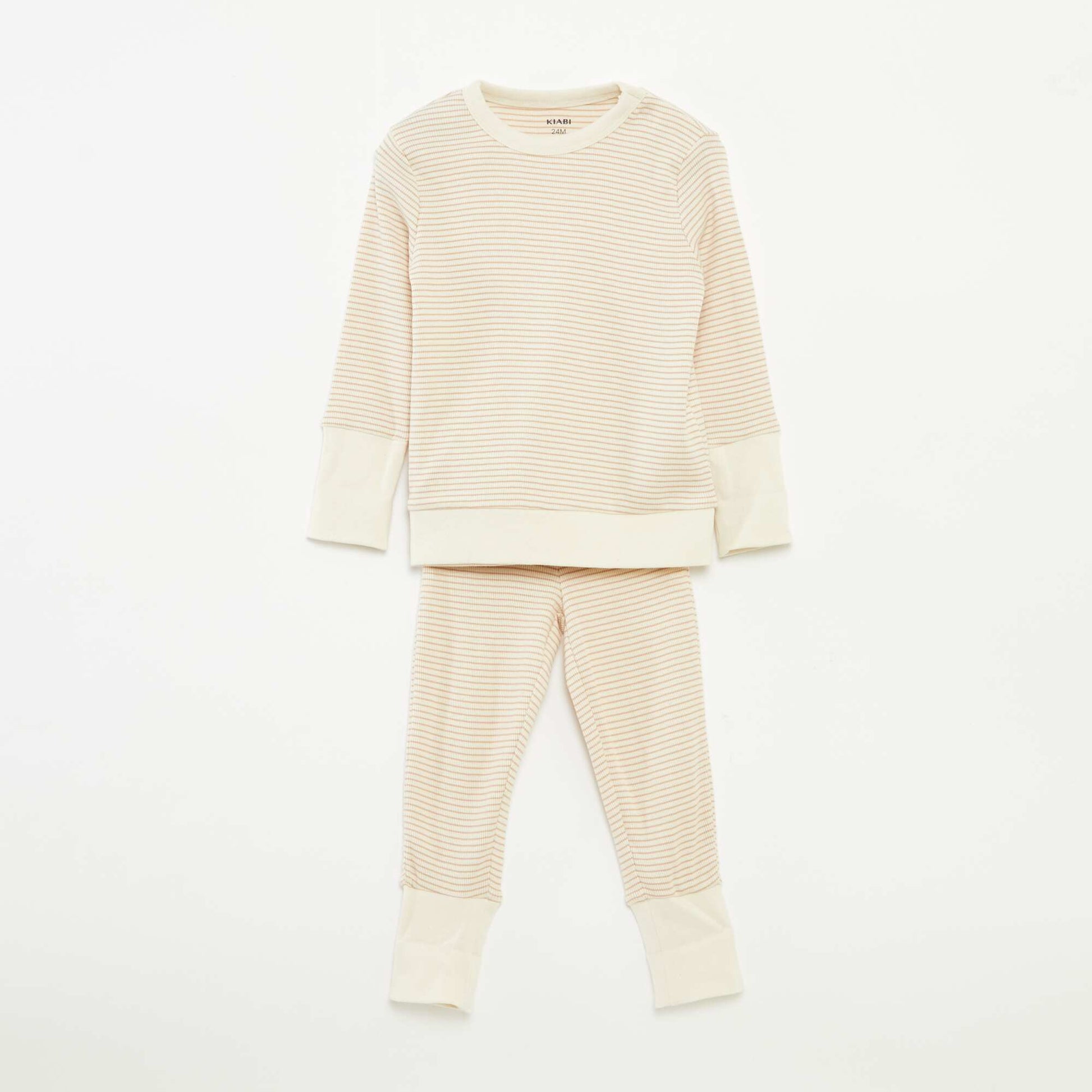 Ensemble de pyjama long t-shirt + pantalon à rayures - 2 pièces BEIGE