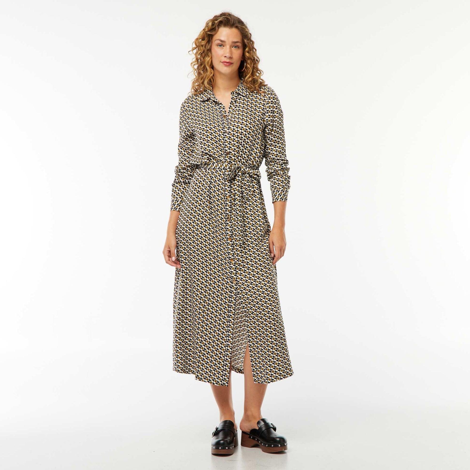 Robe longue chemise imprimée avec ceinture NOIR/BLANC/VERT