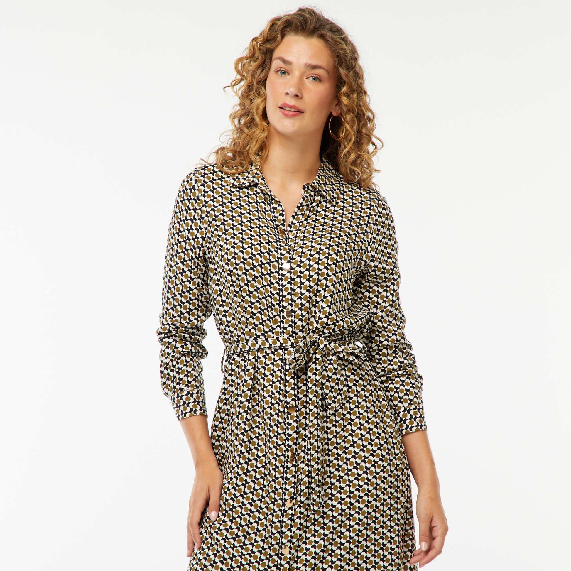 Robe longue chemise imprimée avec ceinture NOIR/BLANC/VERT
