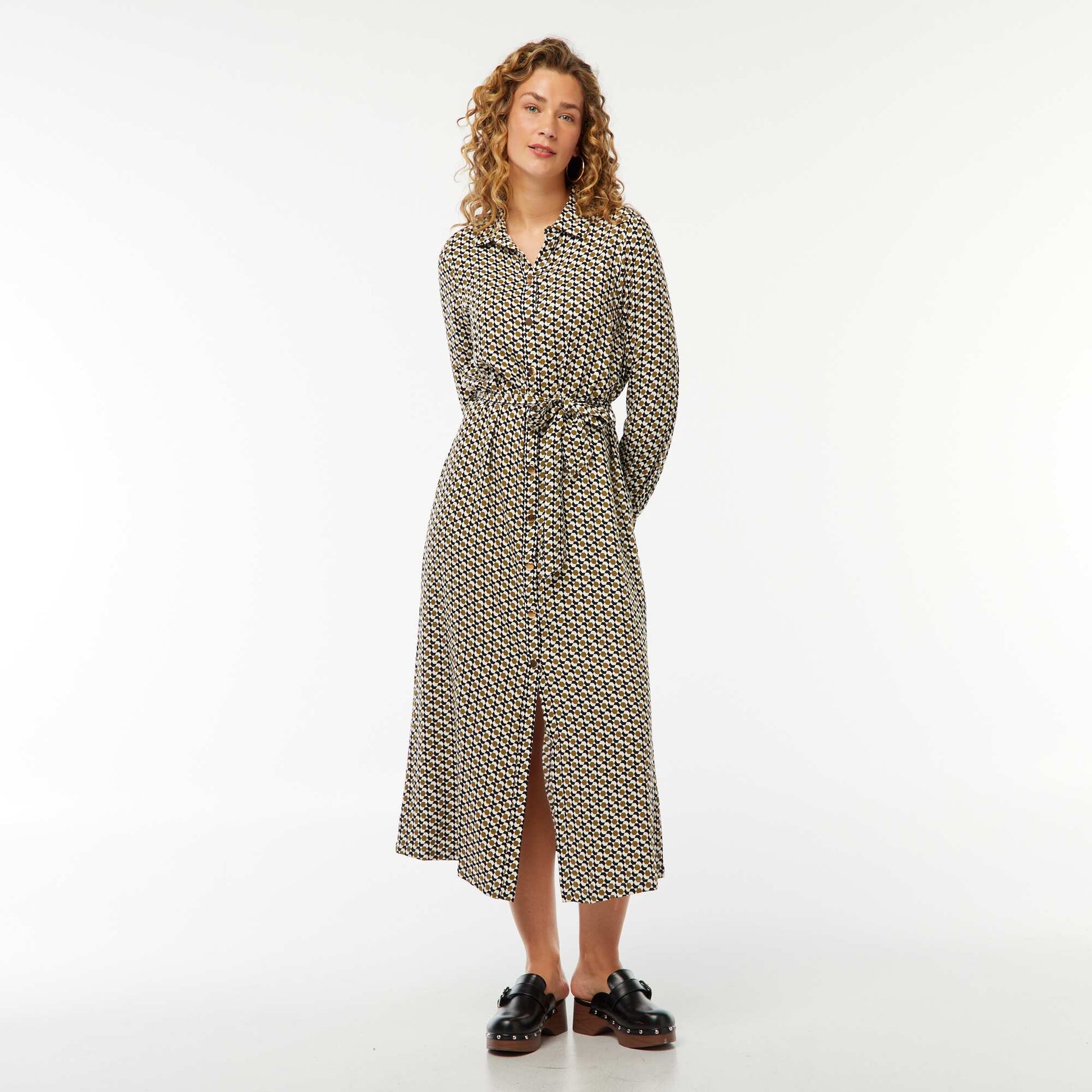 Robe longue chemise imprimée avec ceinture NOIR/BLANC/VERT