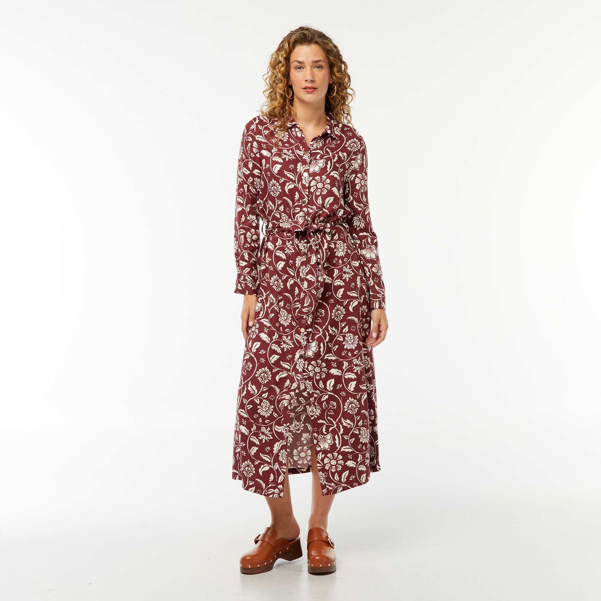 Robe longue chemise imprimée avec ceinture ROUGE