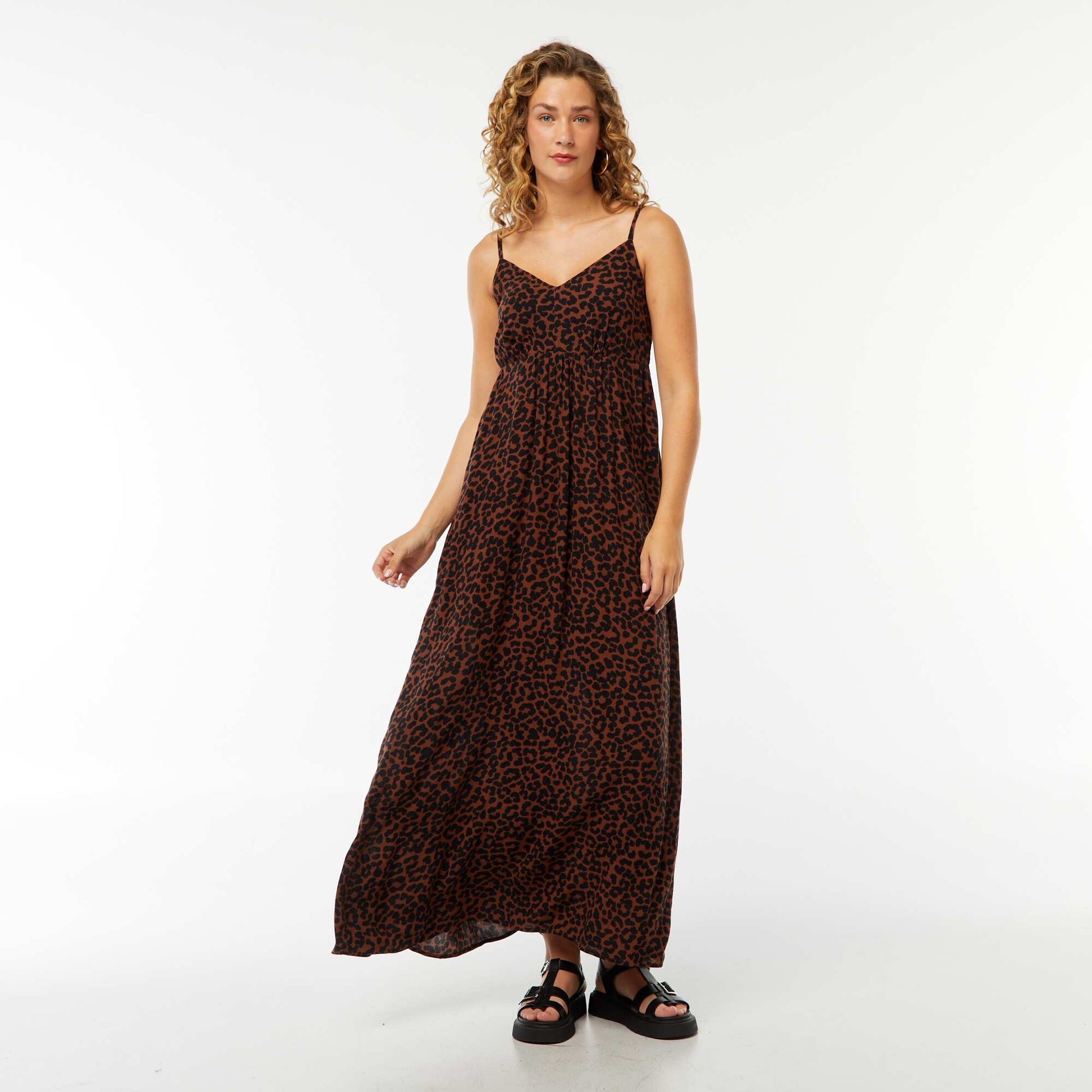 Robe fluide à motif floral avec fines bretelles réglables MARRON