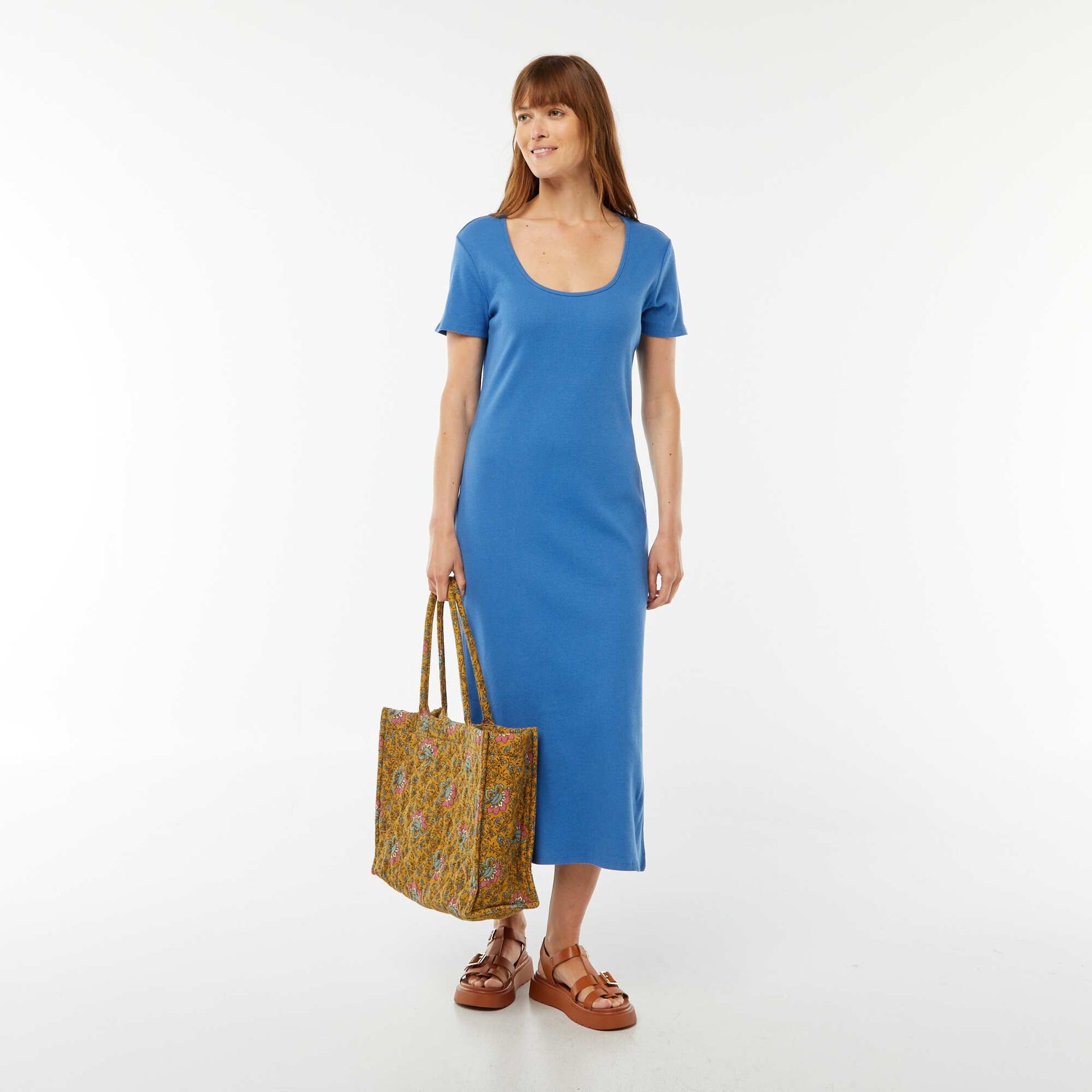 Robe midi à manches courtes avec fente BLEU