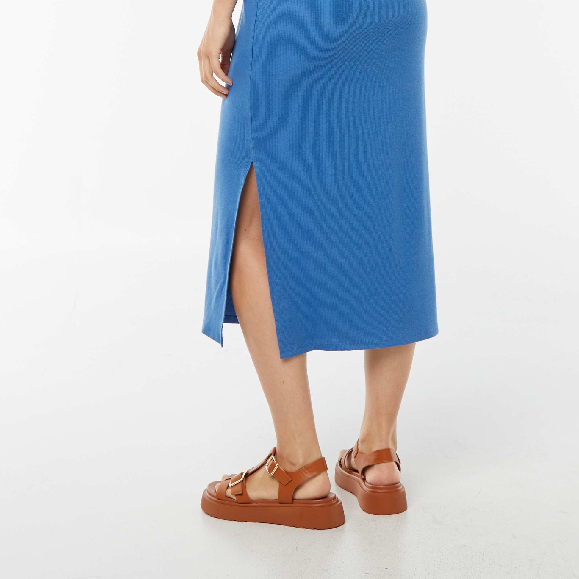 Robe midi à manches courtes avec fente BLEU