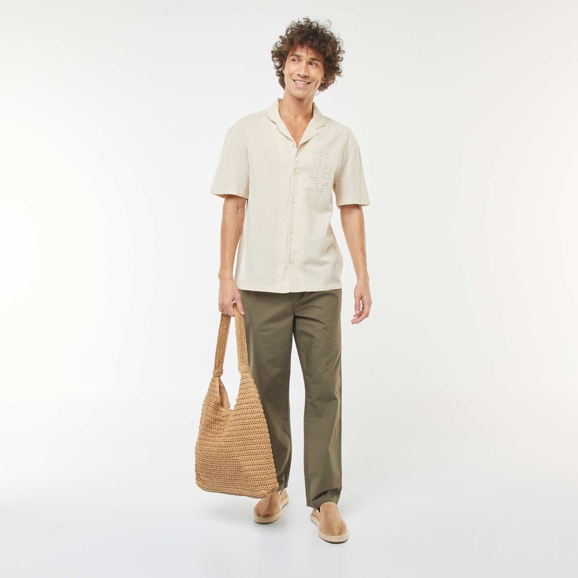 Chemise en lin mélangé à manches courtes et avec broderies BLANC