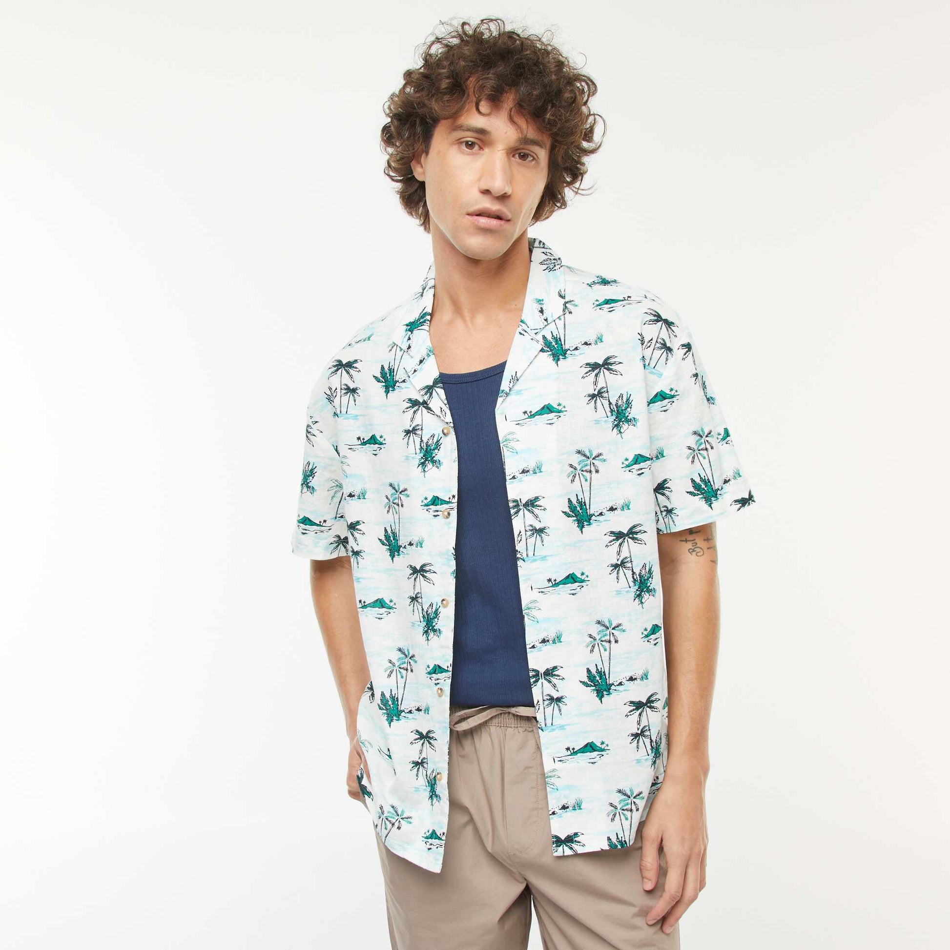Chemise imprimée manches courtes en lin mélangé BLANC