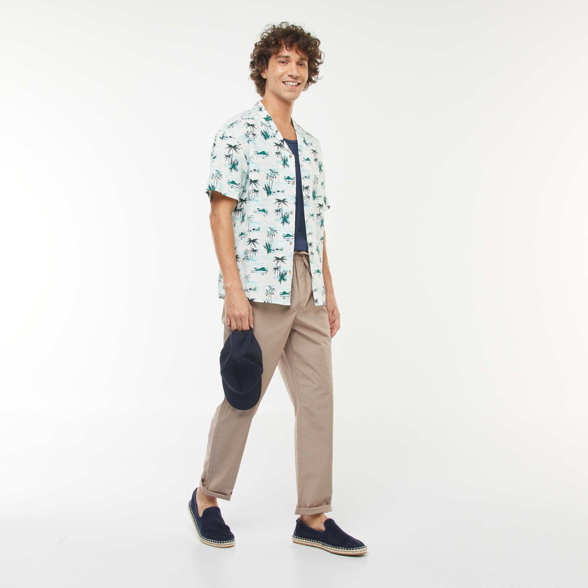 Chemise imprimée manches courtes en lin mélangé BLANC