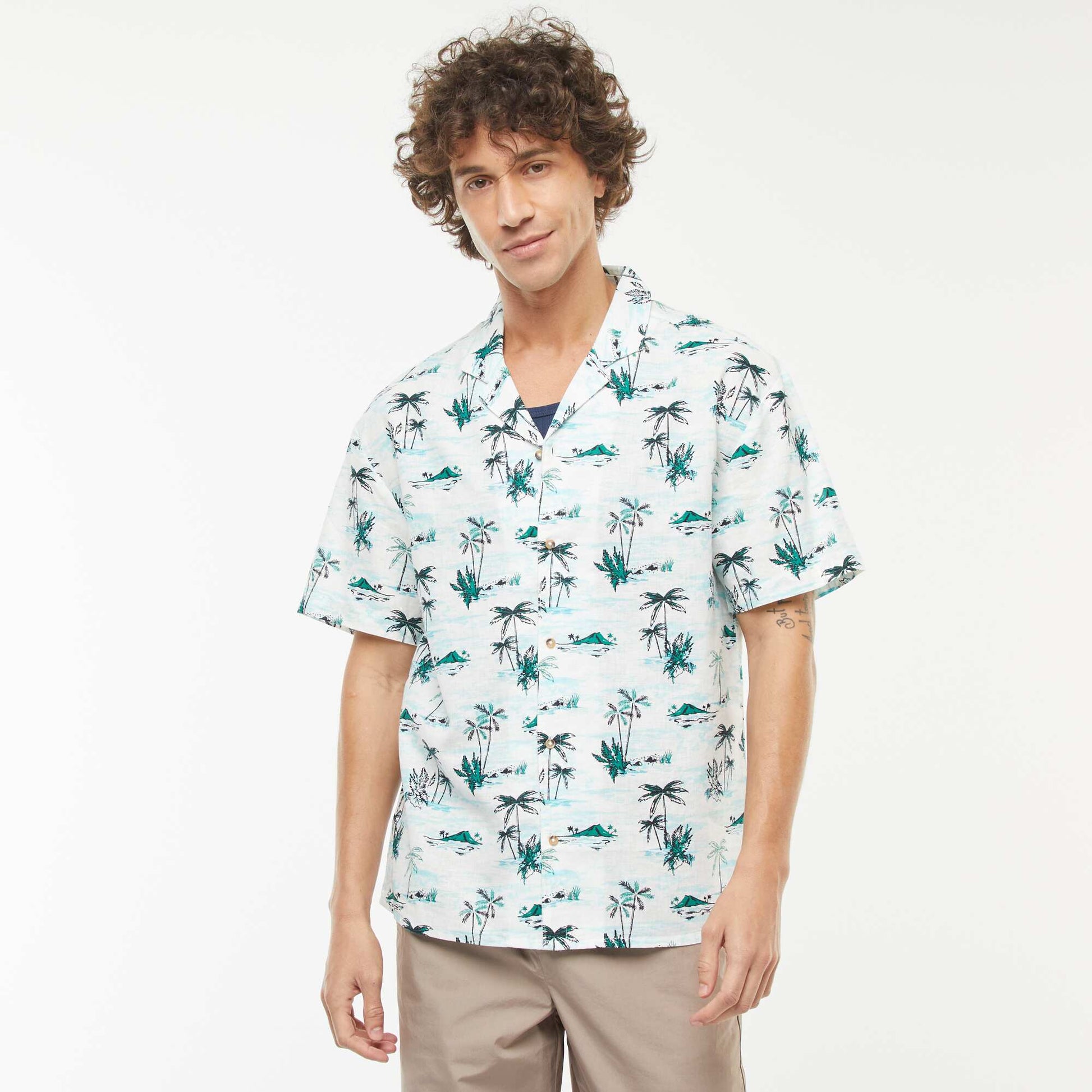 Chemise imprimée manches courtes en lin mélangé BLANC