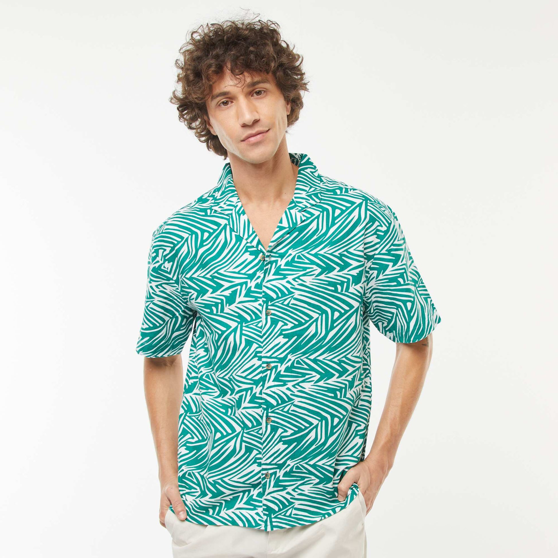 Chemise imprimée manches courtes en lin mélangé VERT